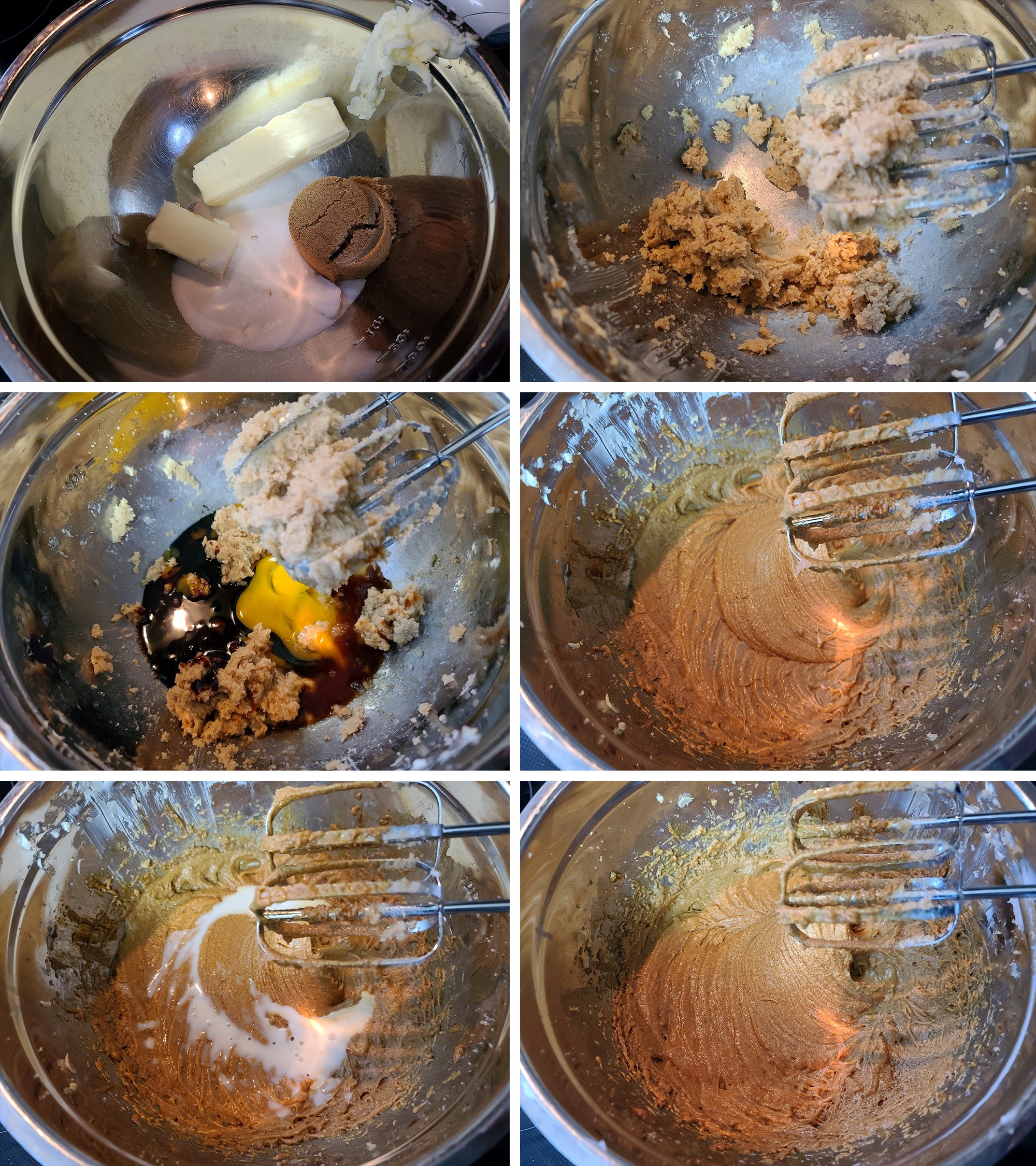 6 part image showing the wet ingredients mixture being beaten together.