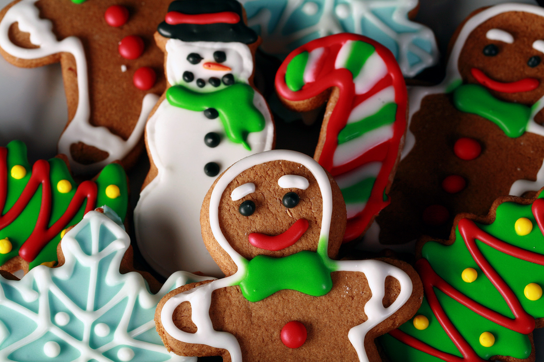 A plate of gluten-free gingerbread cookies, in various shapes, decorated with colourful royal icing.