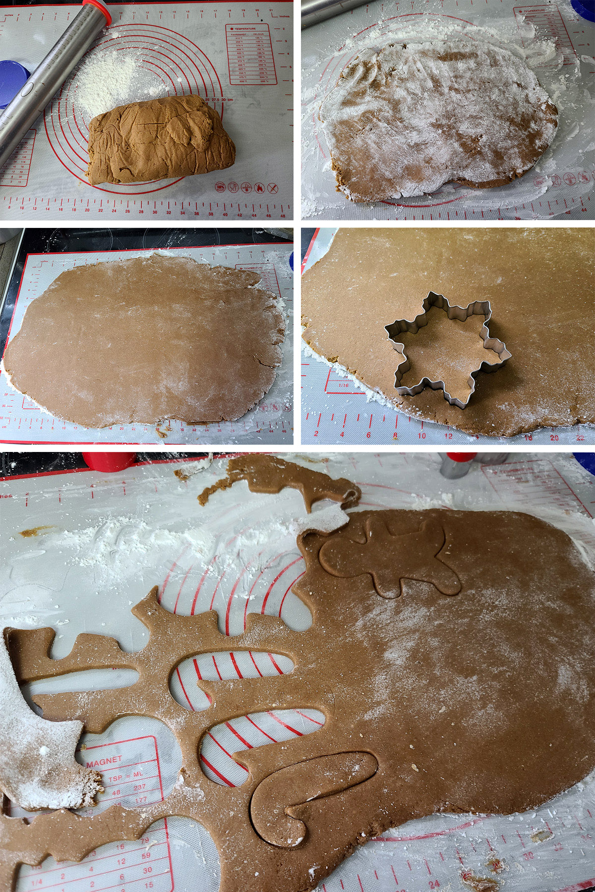 A 5 part image showing the gluten-free gingerbread dough being rolled out and cut with cookie cutters.