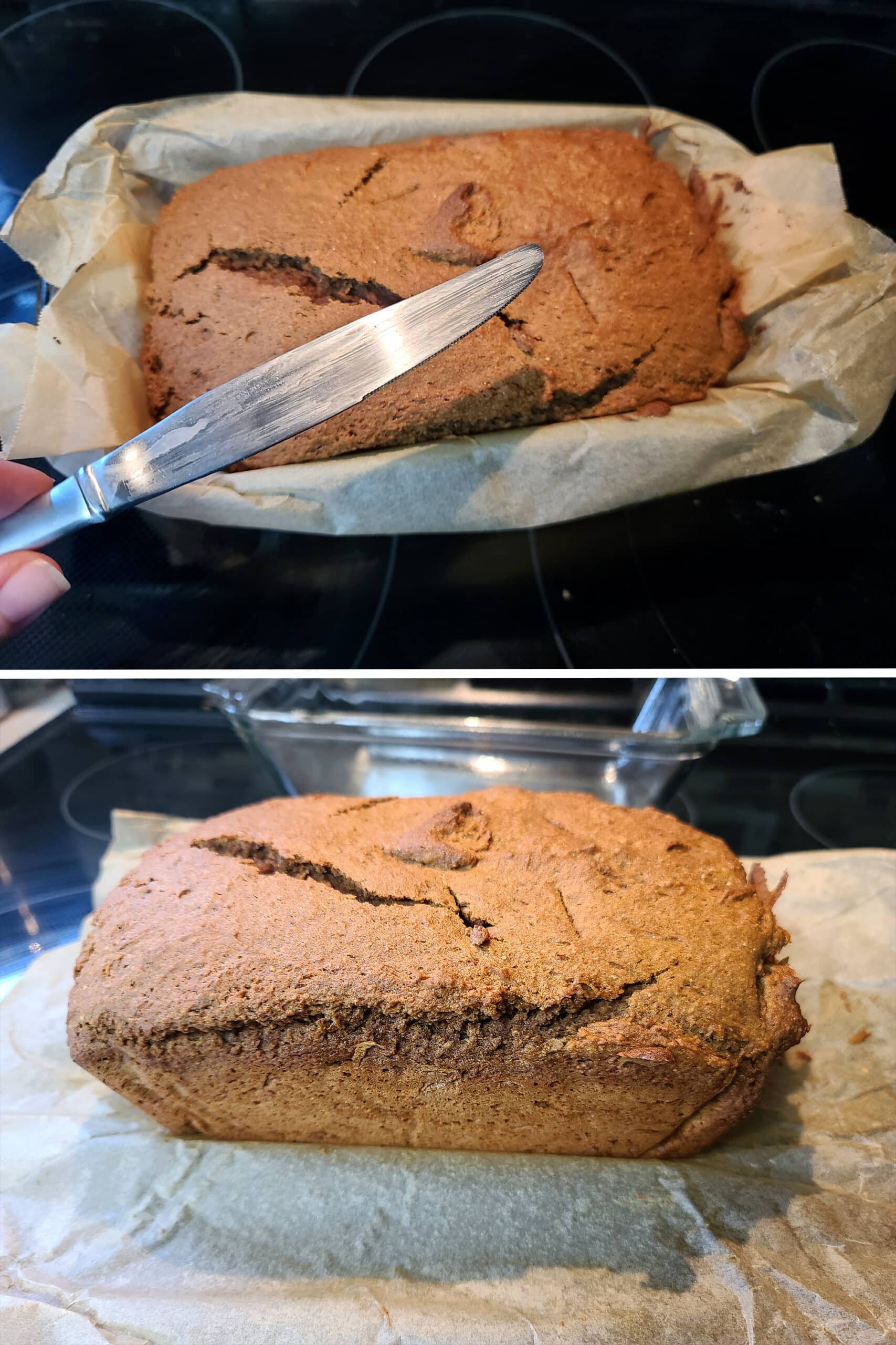 2 part image showing a clean knife being held above the baked gluten free gingerbread loaf, and the loaf removed from the pan.