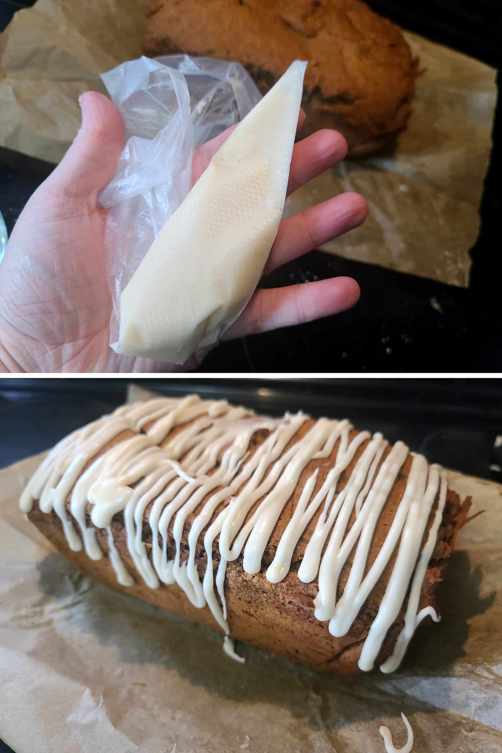 2 part image showing a hand holding a pastry bag full of vanilla glaze, and the loaf of gluten-free gingerbread loaf after being drizzled with the icing.
