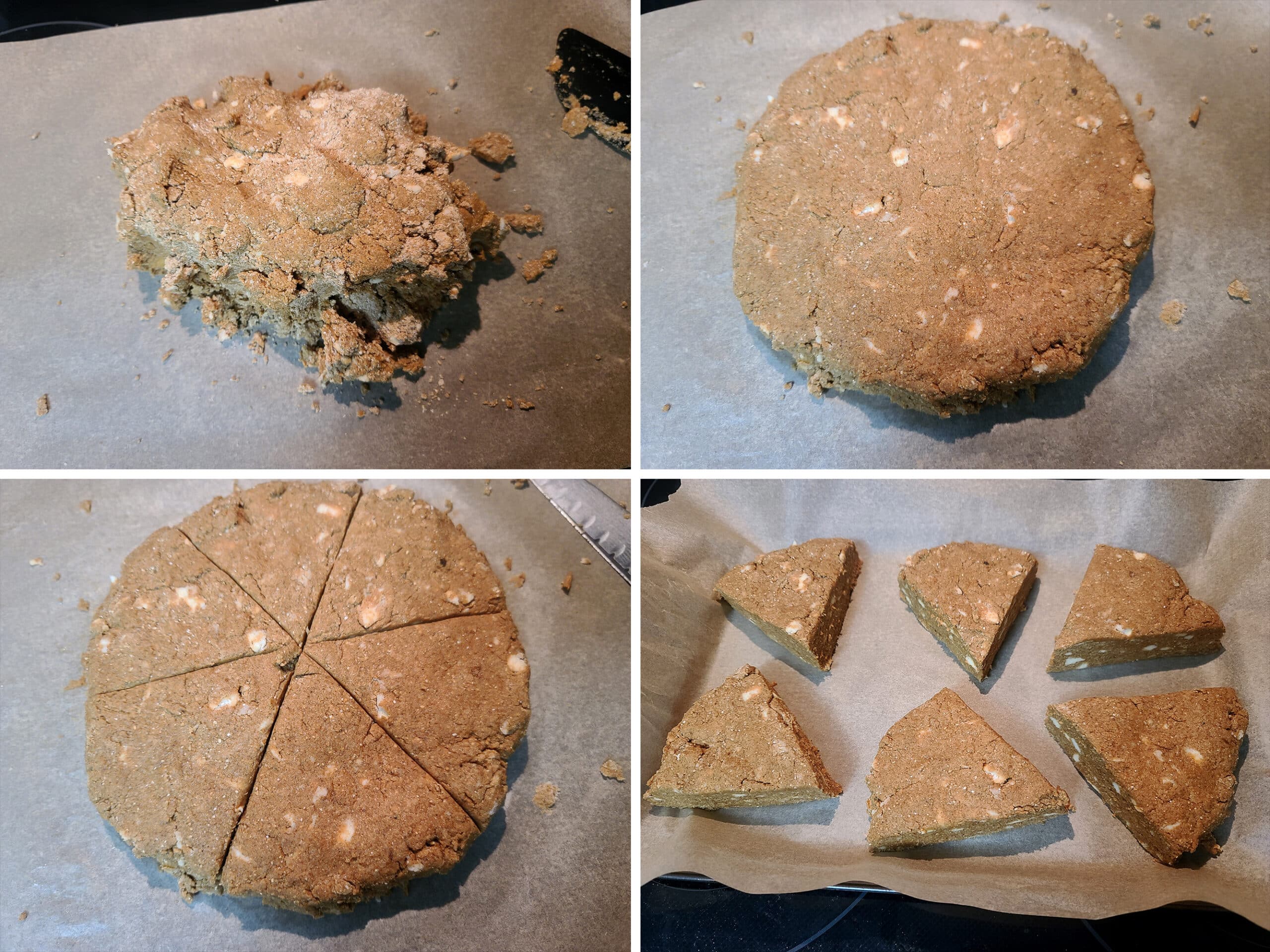 4 part image showing the gluten free scone dough being formed into a disk and cut into 6 pieces.