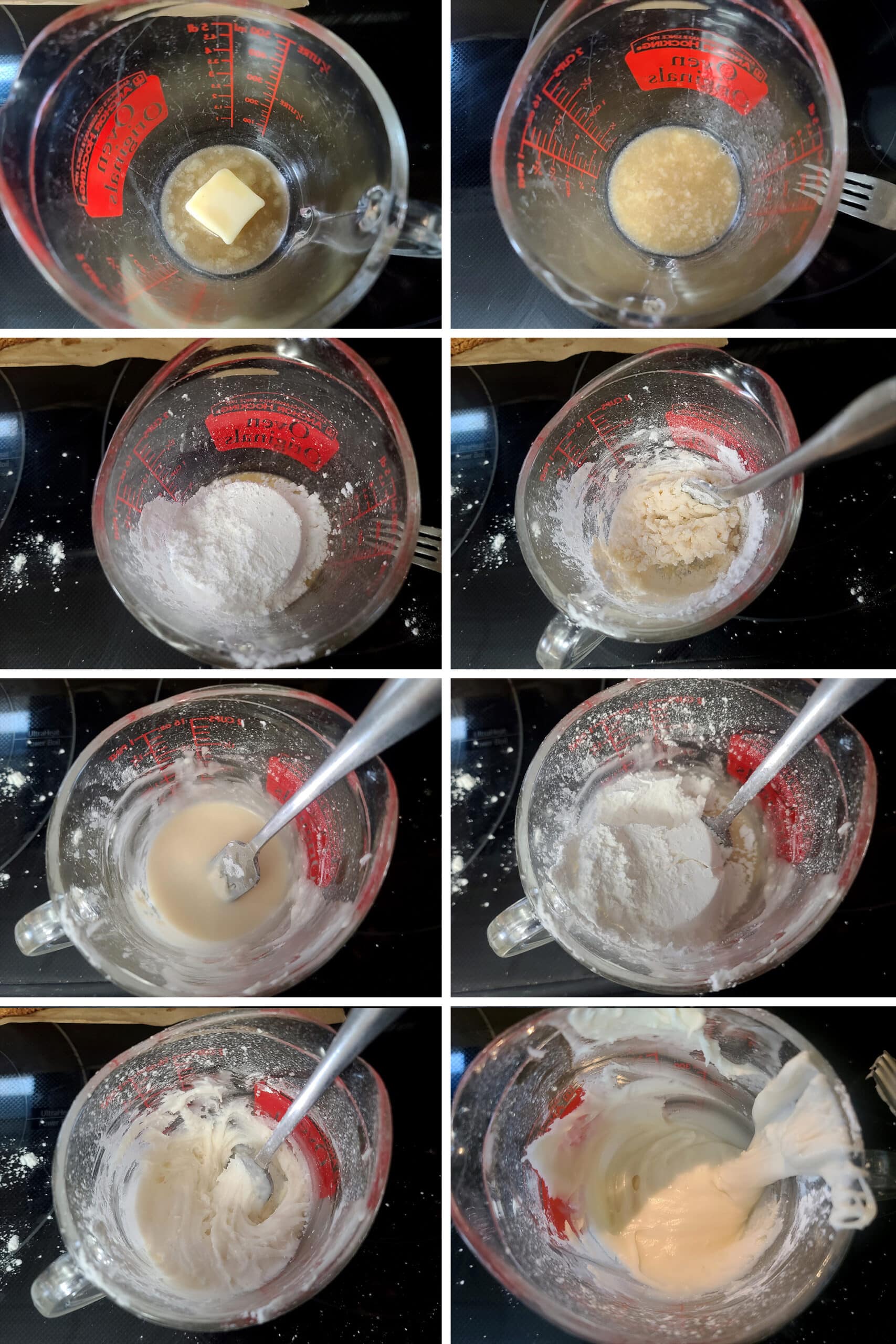 8 part image showing the vanilla glaze being made in a glass measuring cup.