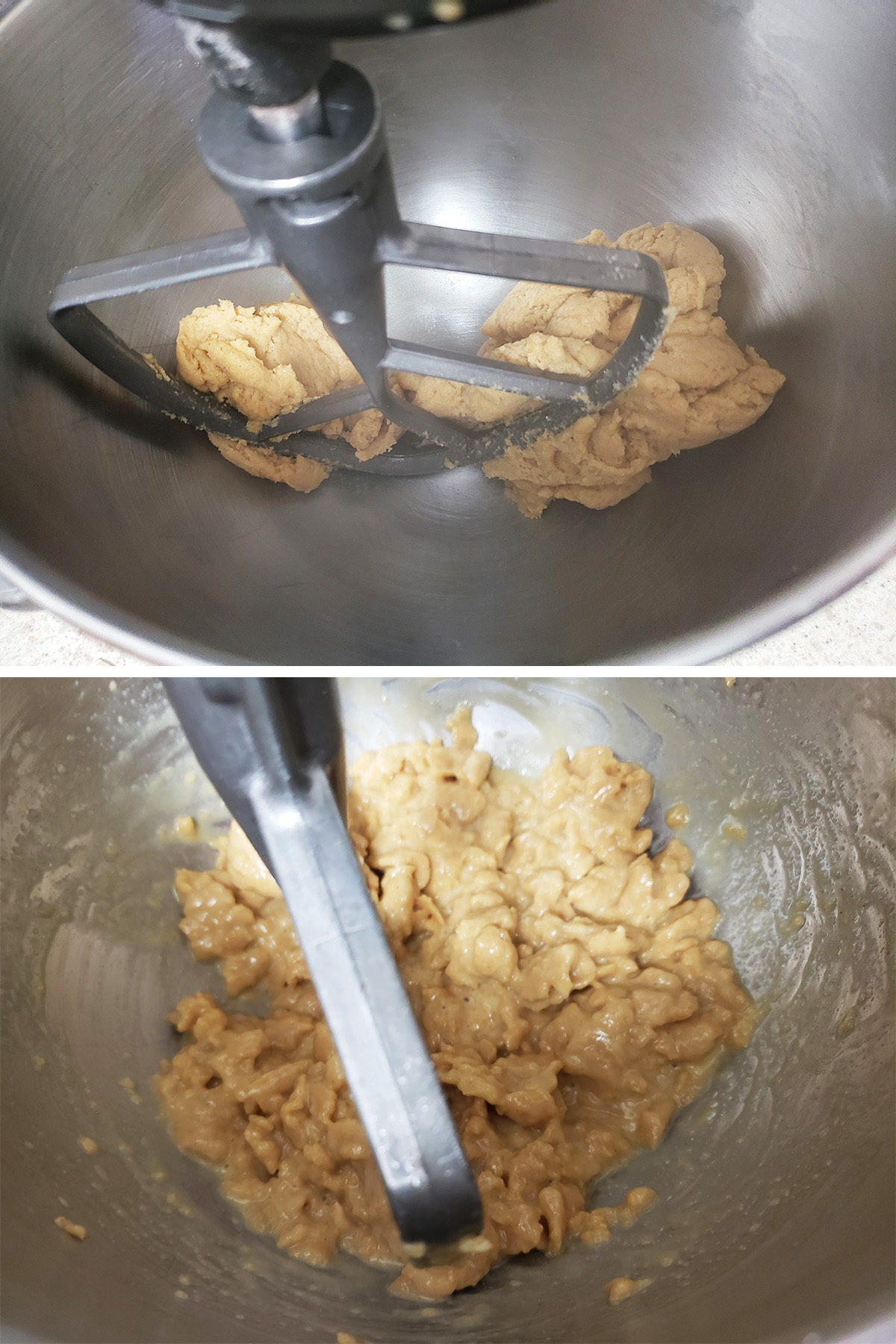 A two part compilation image showing the dough in the stand mixer, before and after the eggs are added.