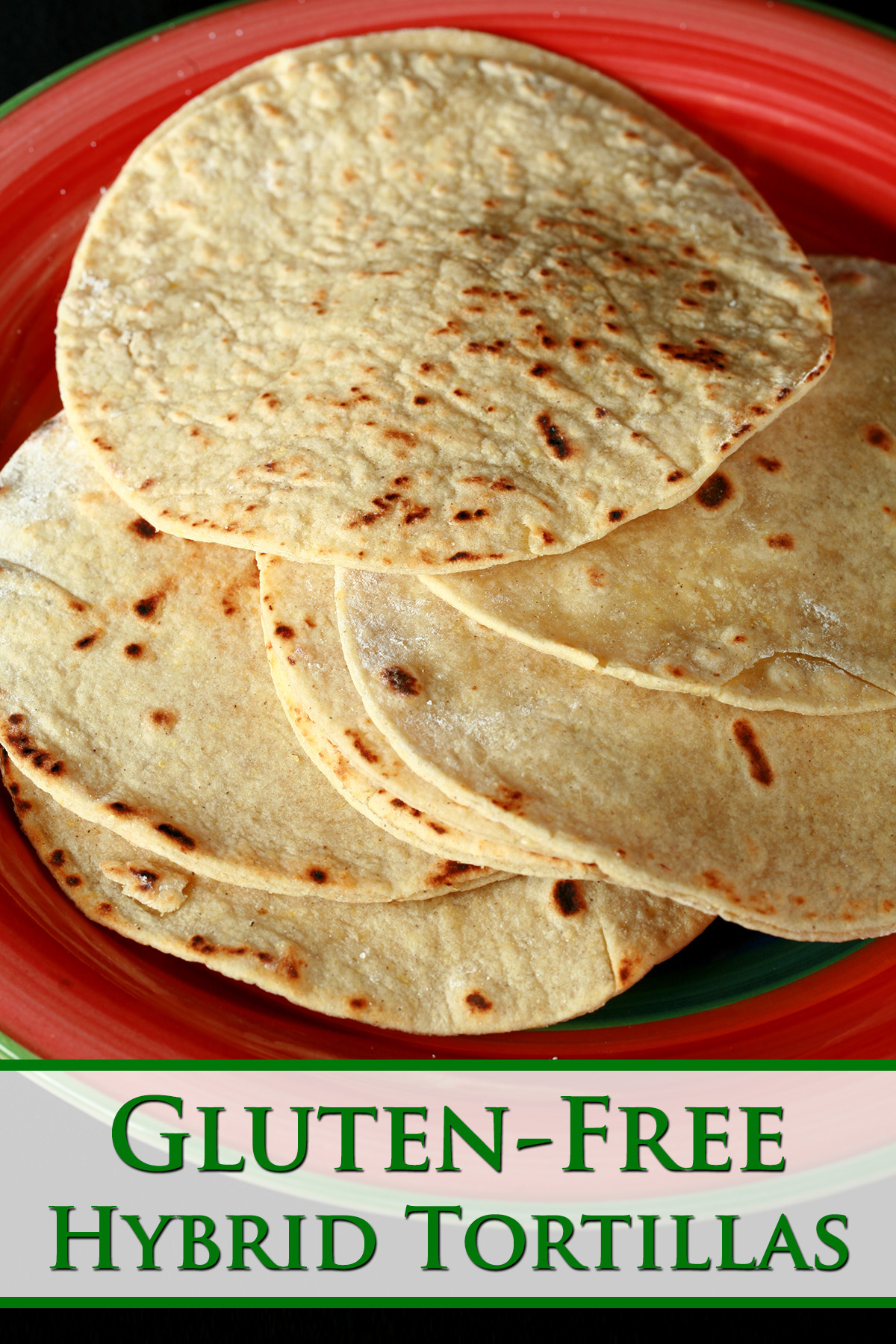 A red plate with shrimp tacos. The tacos are made from gluten-free hybrid tortillas, and look like a more yellow version of flour tortillas.