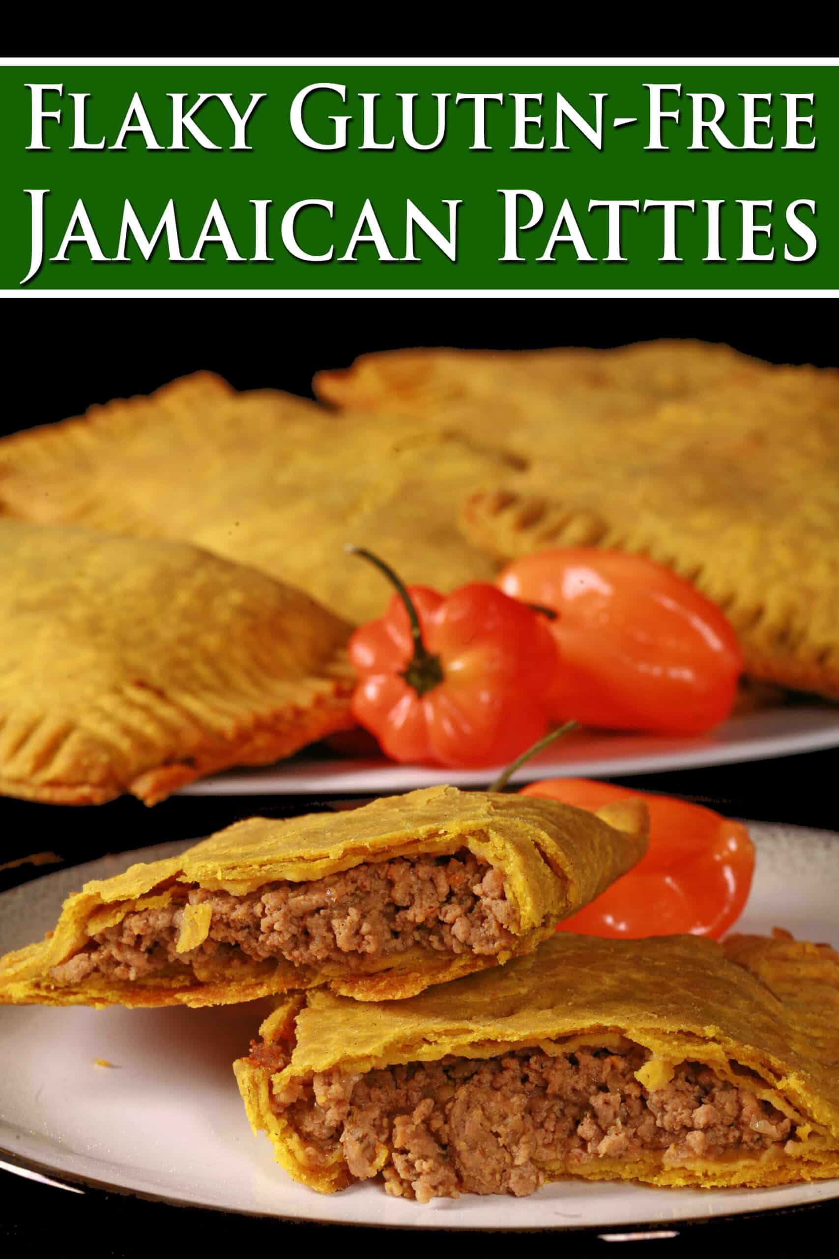 A plate of gluten-free jamaican beef patties. Overlaid text says flaky gluten free jamaican patties.