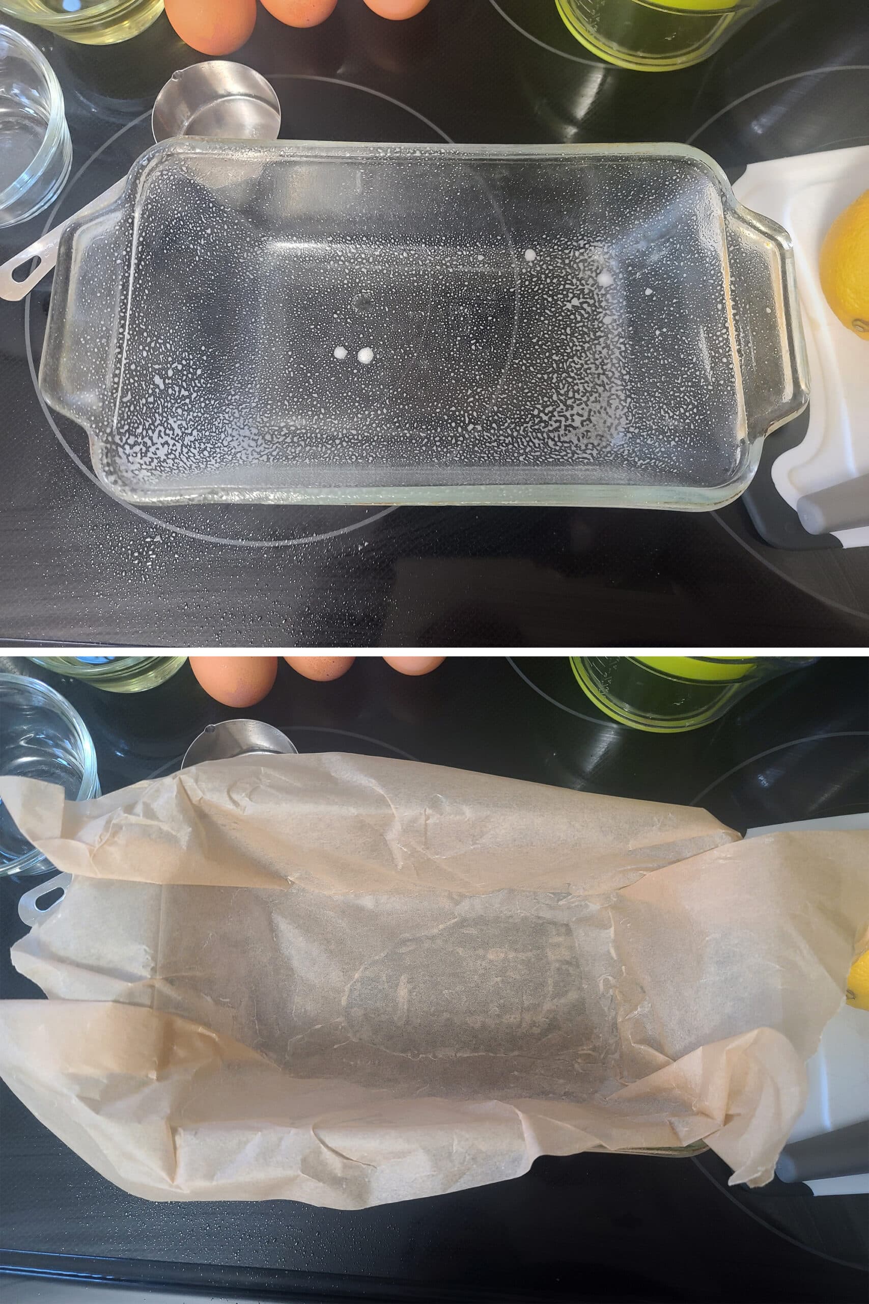 A 2 part image showing a loaf pan being sprayed and lined with parchment paper.