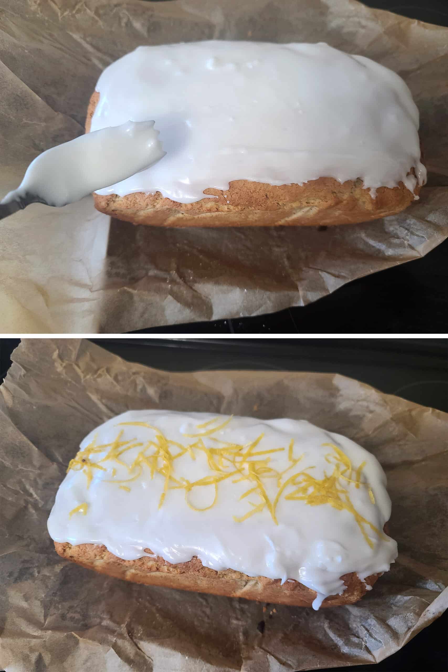 A 2 part image showing the glaze being spread over the lemon drizzle cake, and topped with lemon zest.