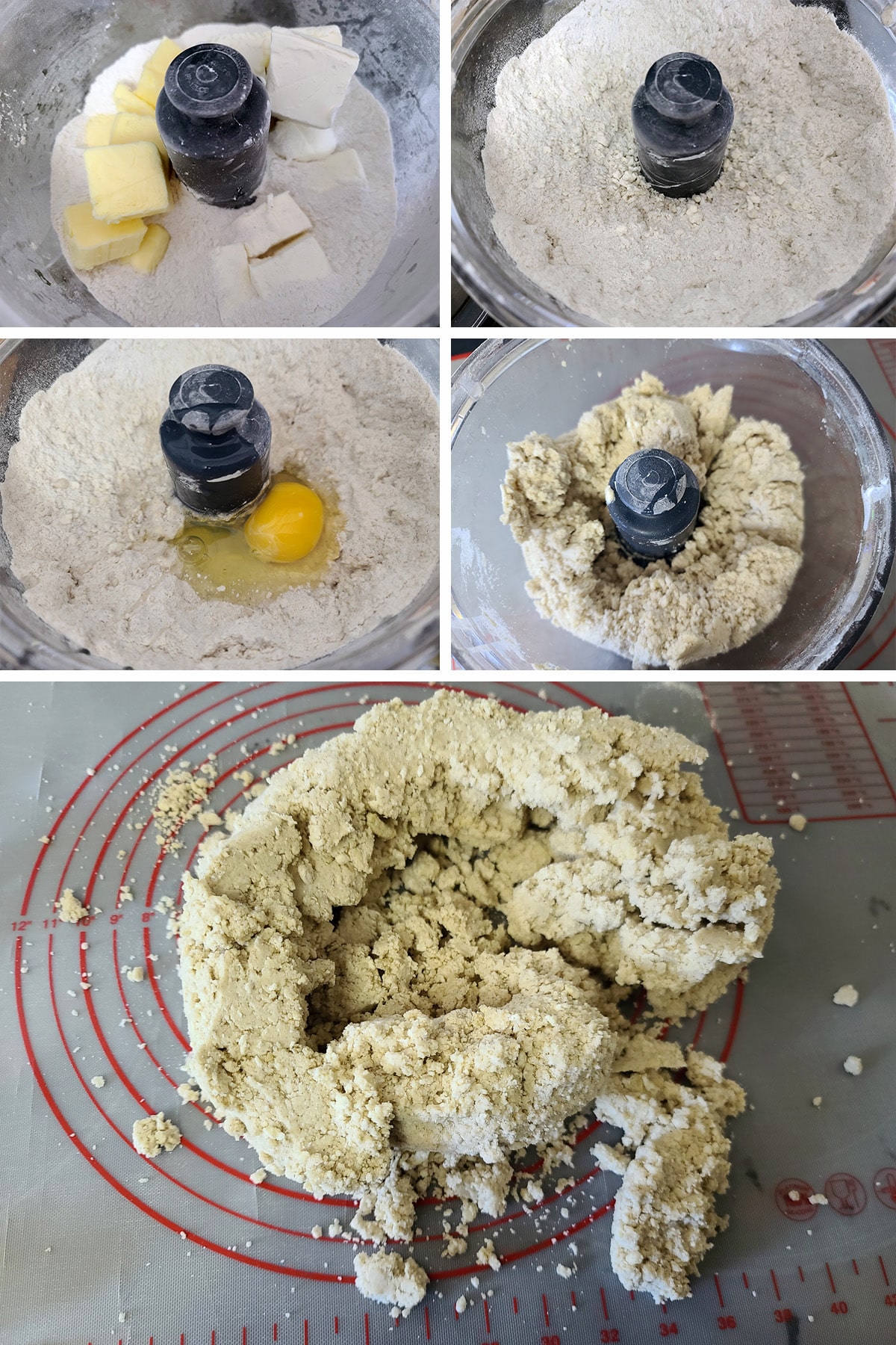 A 5 part image showing the easy gluten free pastry dough being made in a food processor.