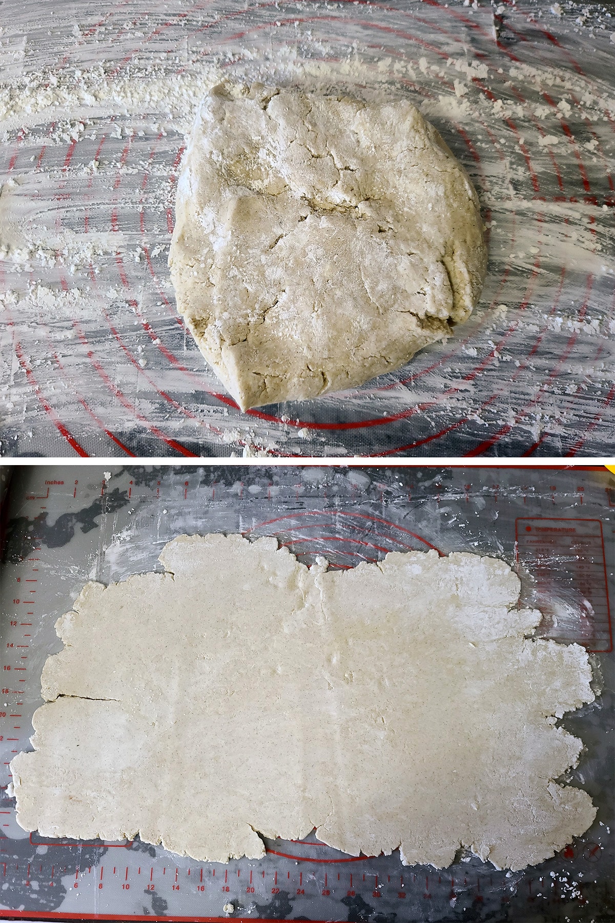 Gluten free pastry dough being rolled out on a worksurface dusted with corn starch.