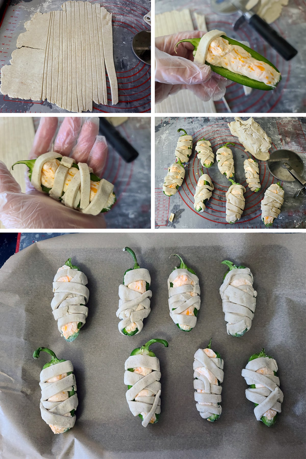 A 5 part image showing the dough being cut into strips and wrapped around the prepared jalapeno halves.