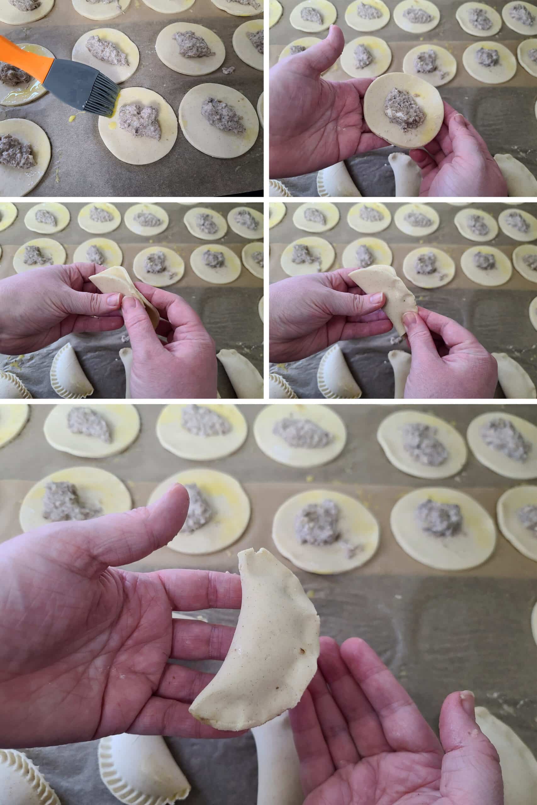 5 part image showing the dough rounds being brushed with egg wash, folded around the filling, and crimped by hand.