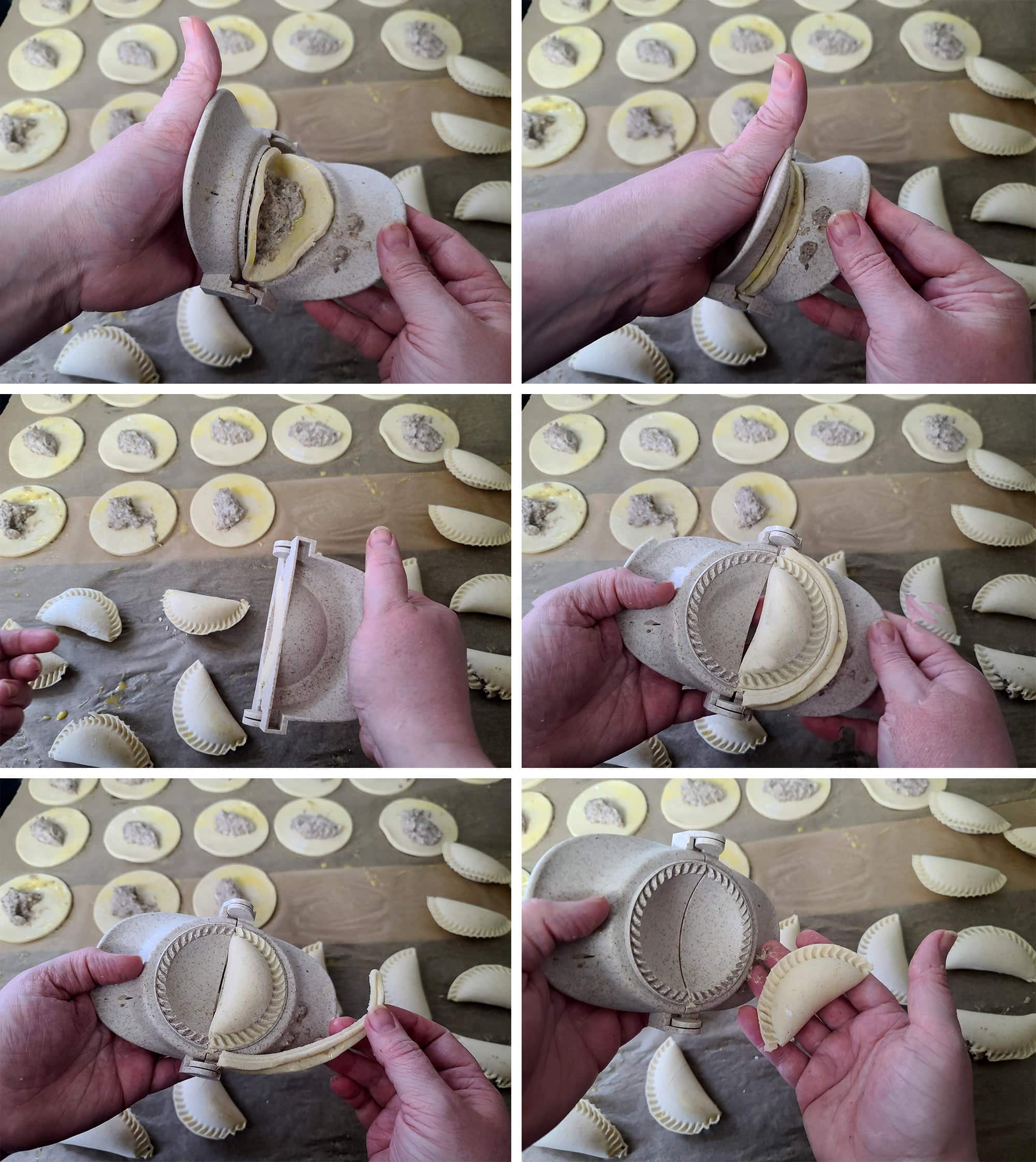 6 part image showing a mushroom turnover being folded in a dumpling press.