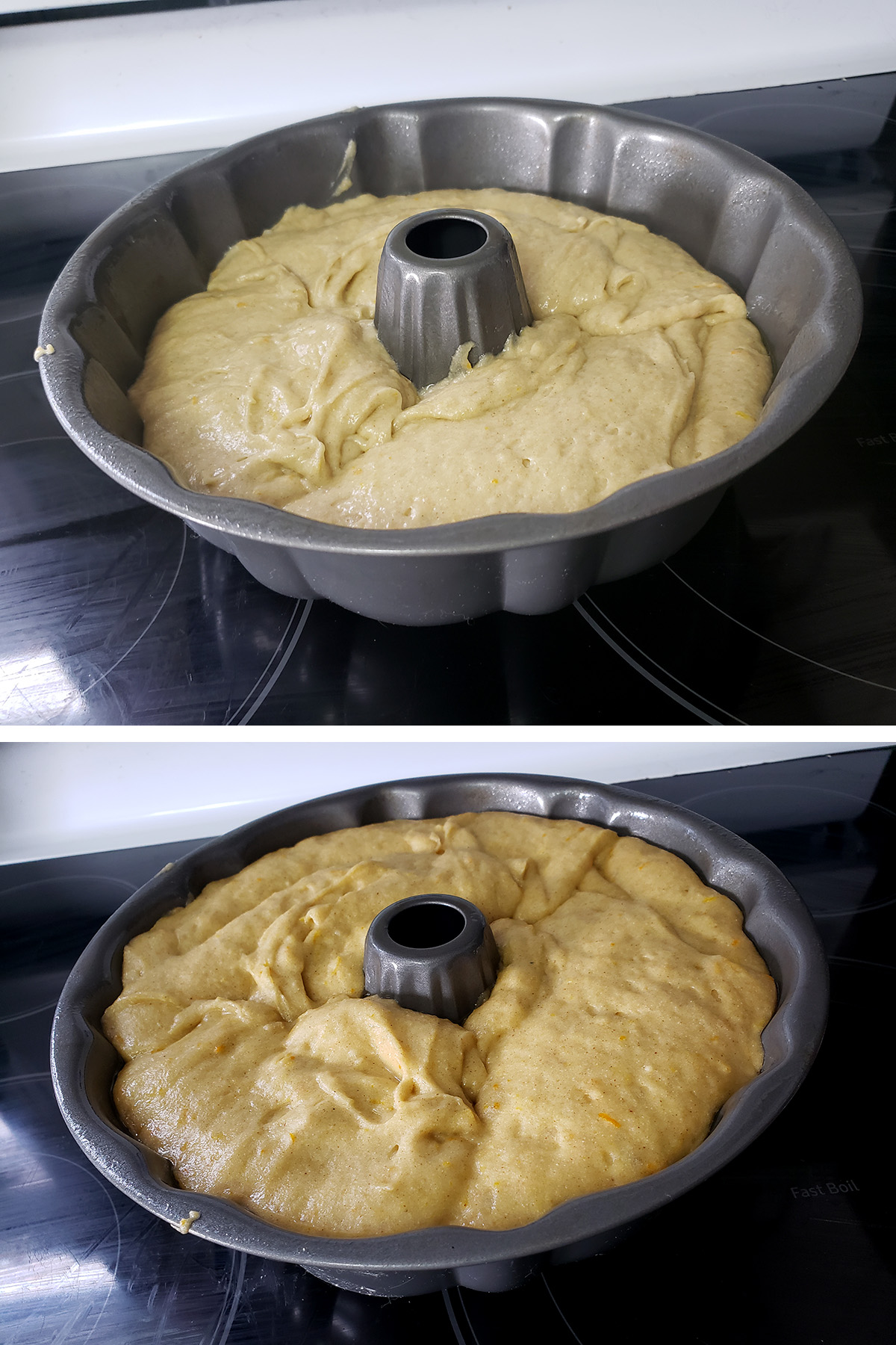 A two part compilation image showing the batter in the bundt pan, before and after rising.