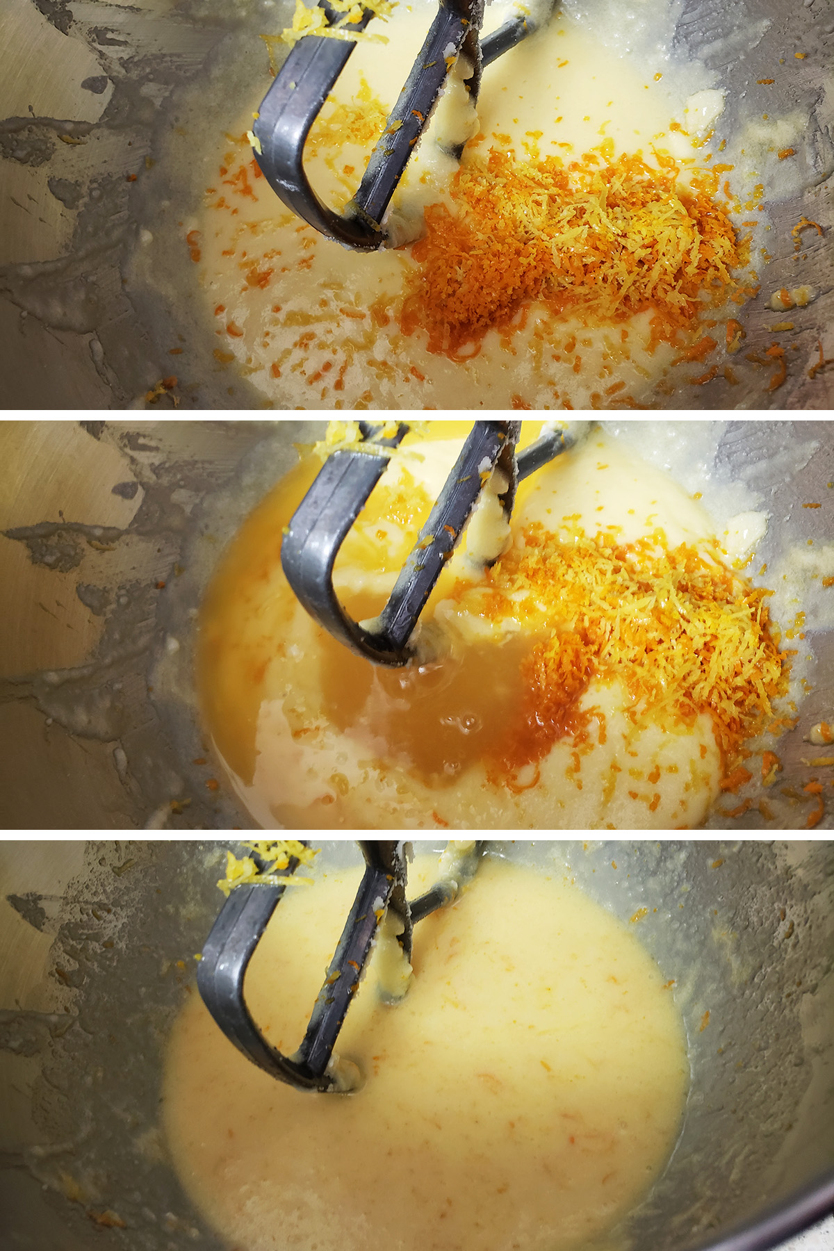 A 3 part compilation image showing zest and juice being added to the batter, and the smooth yellow batter after mixing.