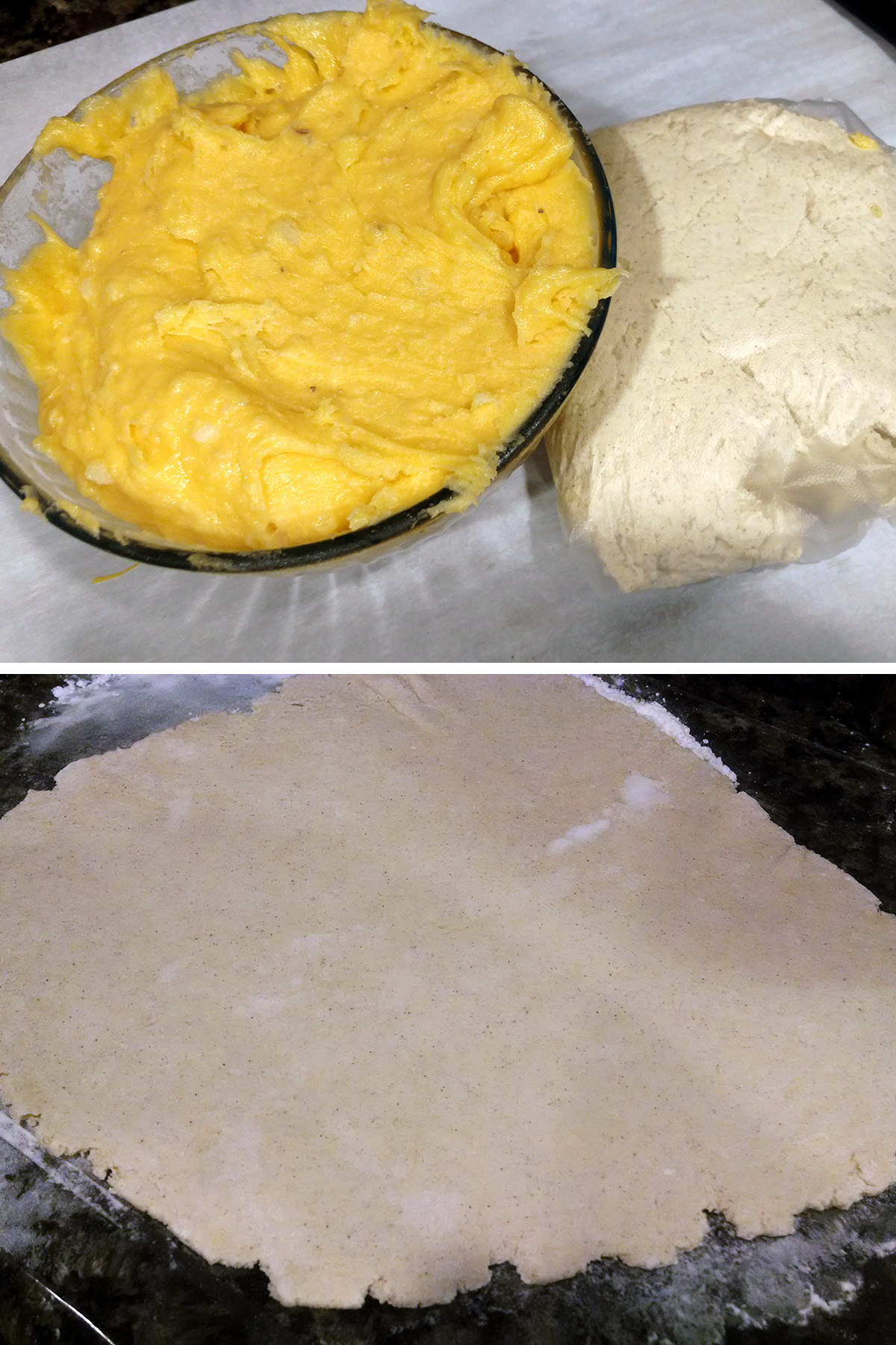A two part image showing the gluten-free perogie dough and filling, then the dough rolled out.