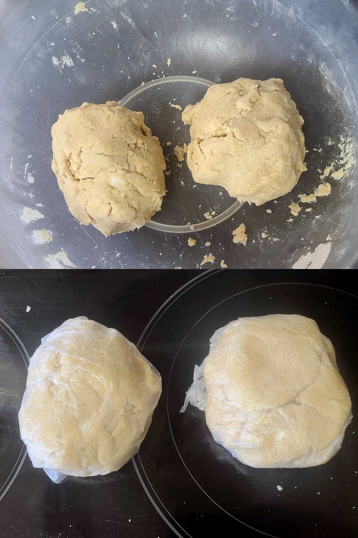 A 2 part image showing 2 dough balls being wrapped in plastic.