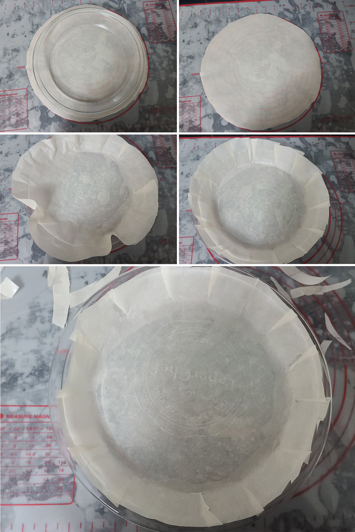 A 5 part image showing a parchment paper round being fit into a pie plate.