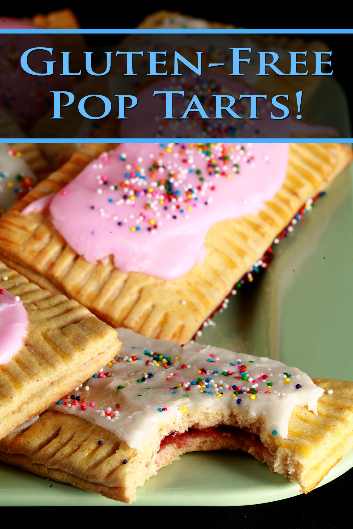 A plate of toaster pastries made from this gluten-free pop tarts recipe. They are frosted with pink and white icing, and topped with coloured sprinkles.