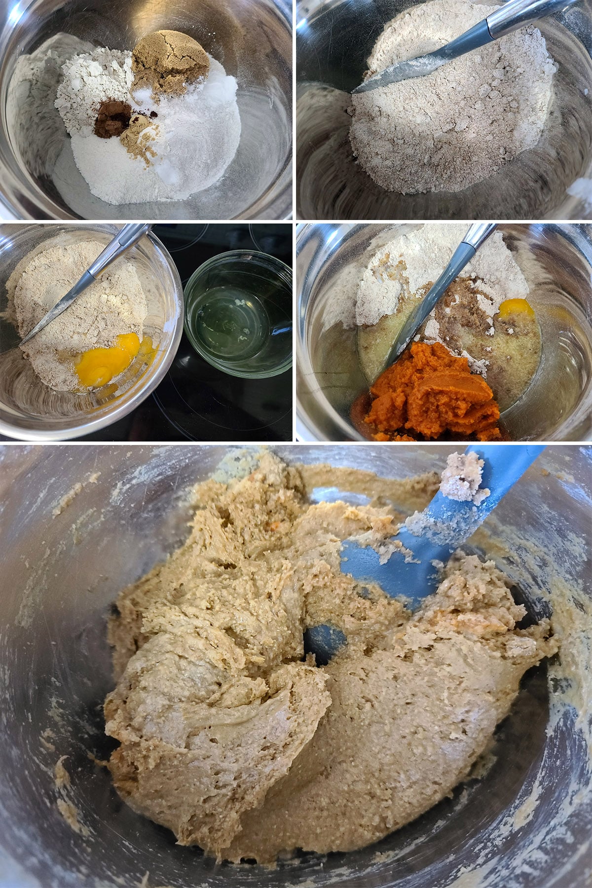 A 5 part image shownig the dry ingredients and wet ingredients mixed, separately and together.