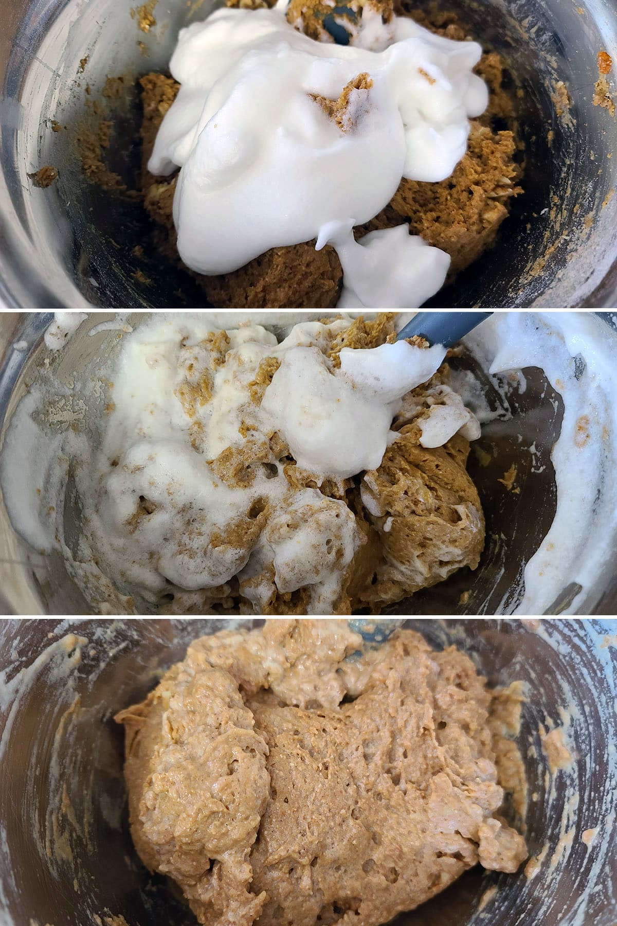 A 5 part image showing the egg whites being added to the pumpkin bread batter and folded in.