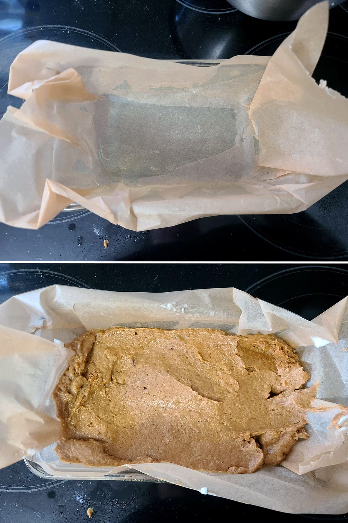 A pan lined with parchment paper and filled with pumpkin bread batter.