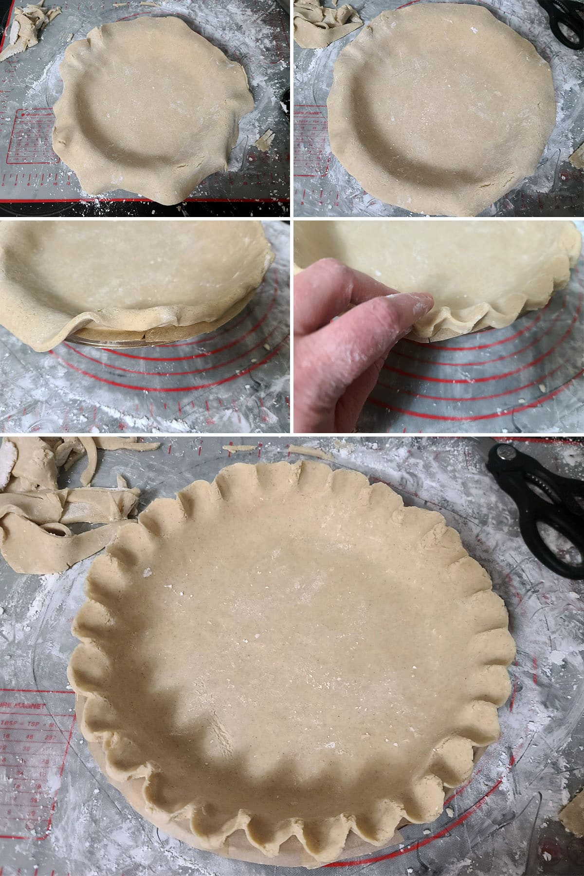 A 5 part image showing the gluten free pie crust being placed in the pan, trimmed and crimped around the edge.