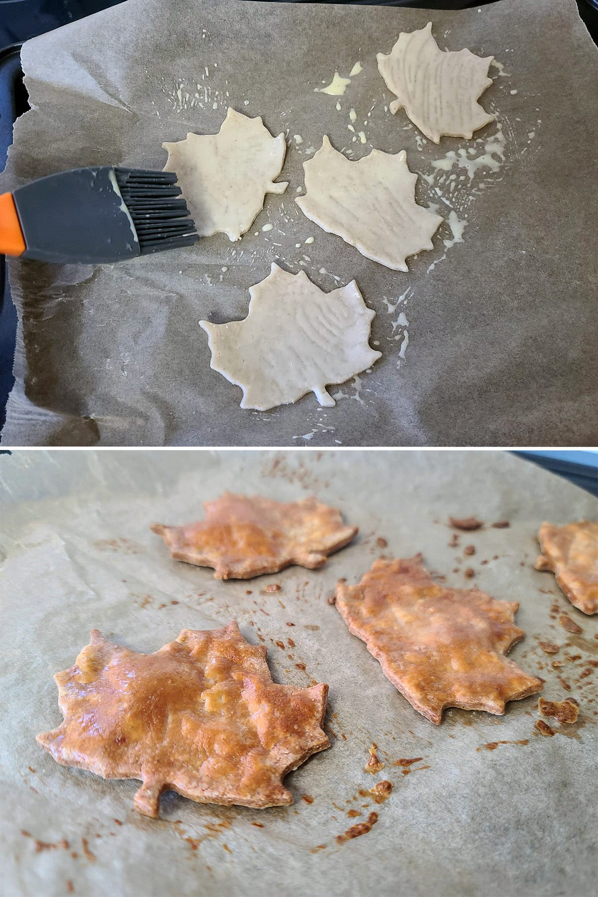 A 2 part image showing pastry leaves being brushed with egg wash, then baked.