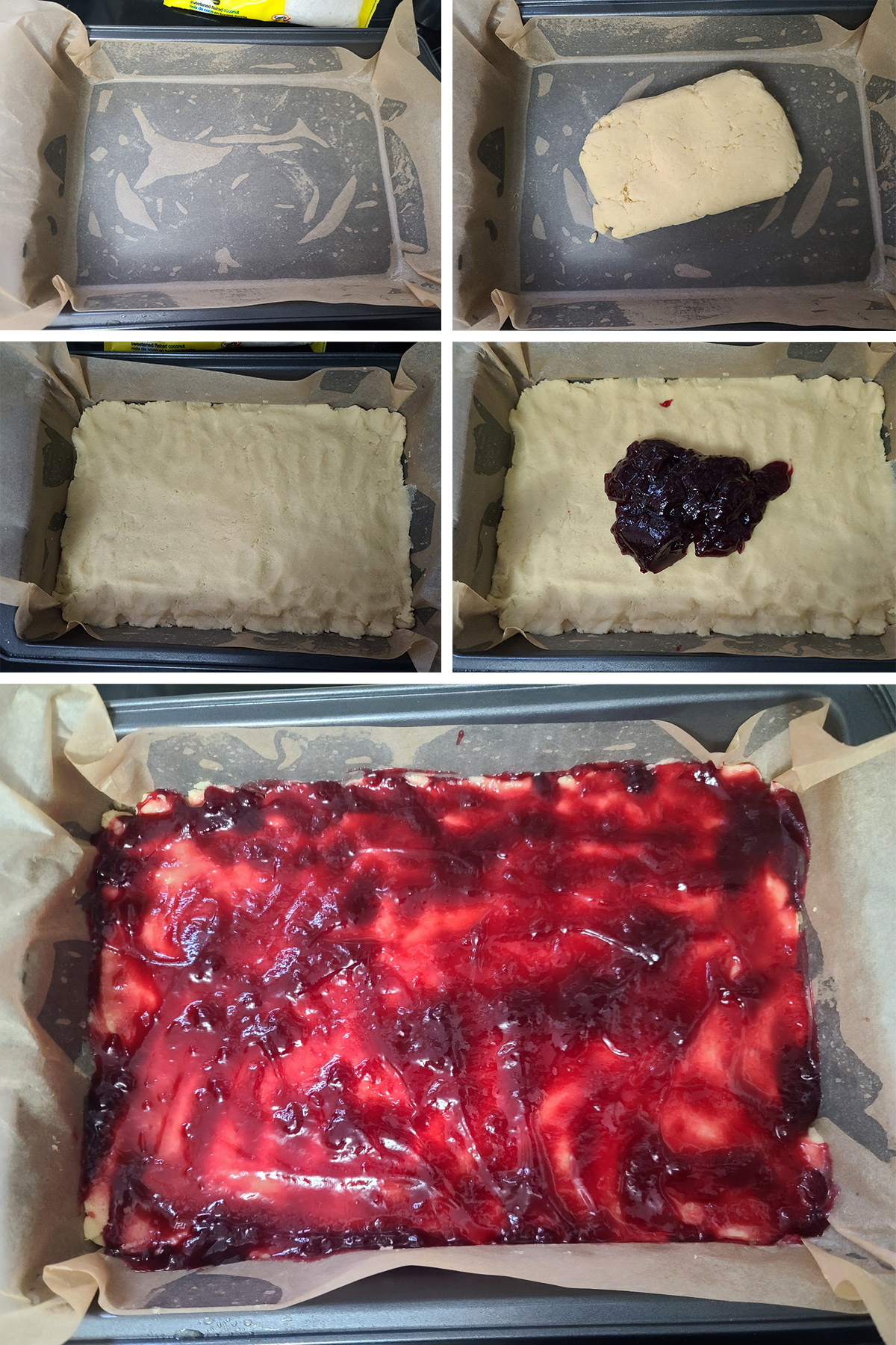 A 5 part image showing the crust being spread out in the pan and topped with raspberry jam.