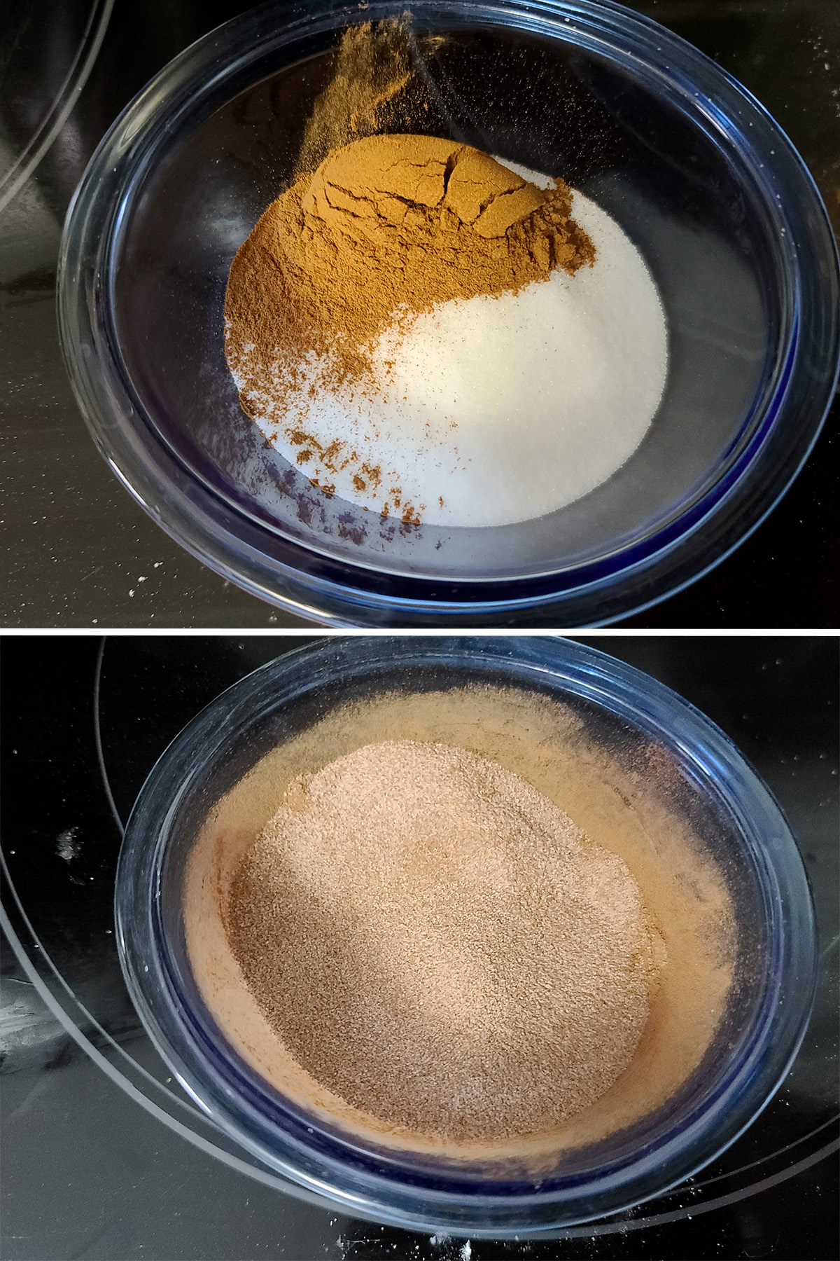 Cinnamon and sugar being mixed in a small blue bowl.