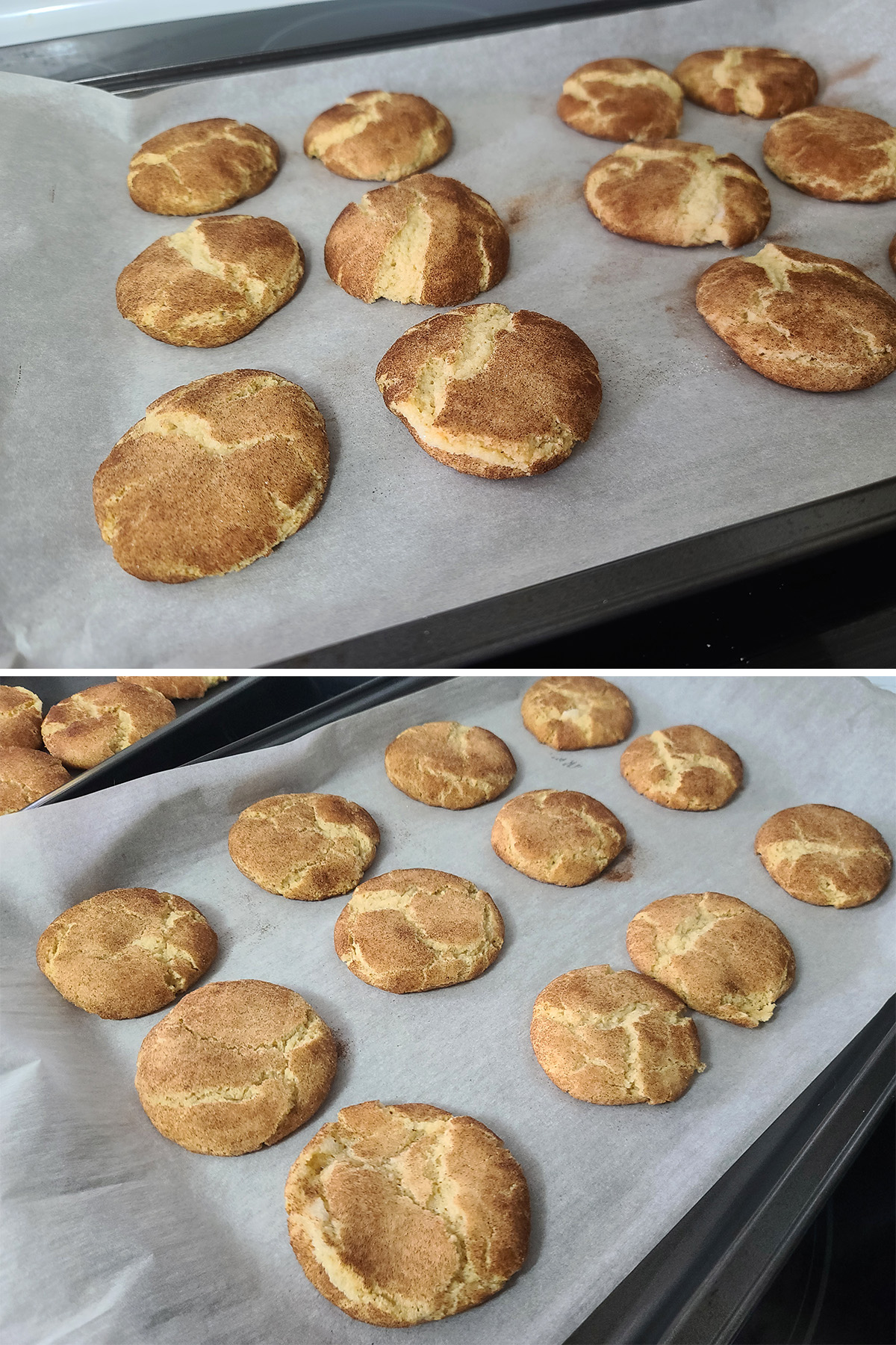 A 2 part image showing baked gluten free snickerdoodle cookies, before and after the puffiness deflated.