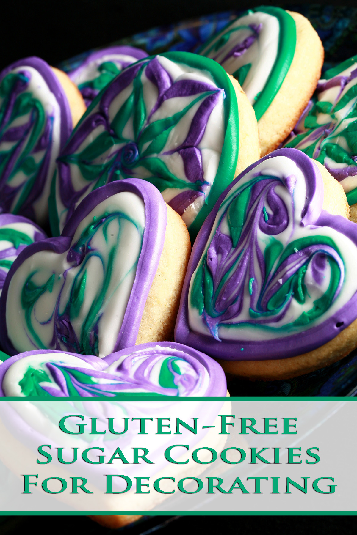 Pinterest image - Gluten-Free Sugar Cookies for Decorating - over top a plate of decorated sugar cookies