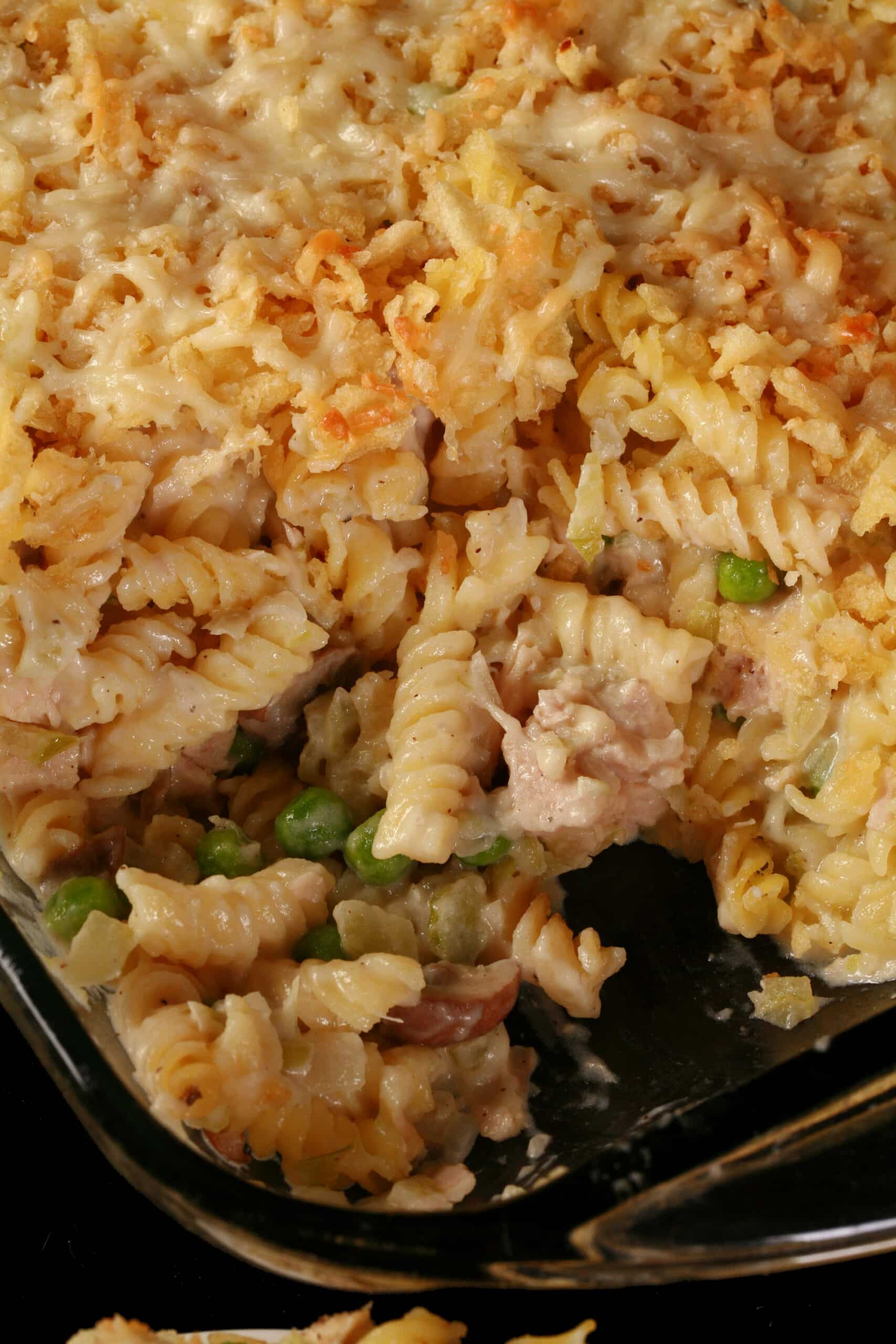 A close up photo of a pan of gluten free tuna casserole.