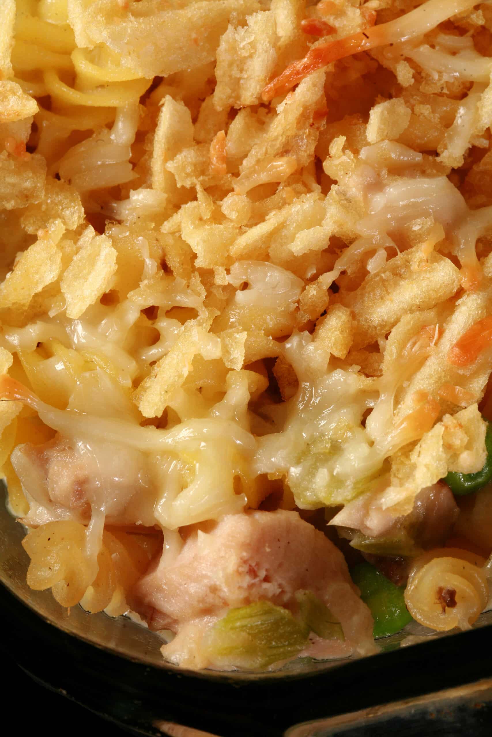 A close up photo of a serving of gluten free tuna casserole.