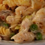 A close up photo of a serving of gluten free tuna casserole.