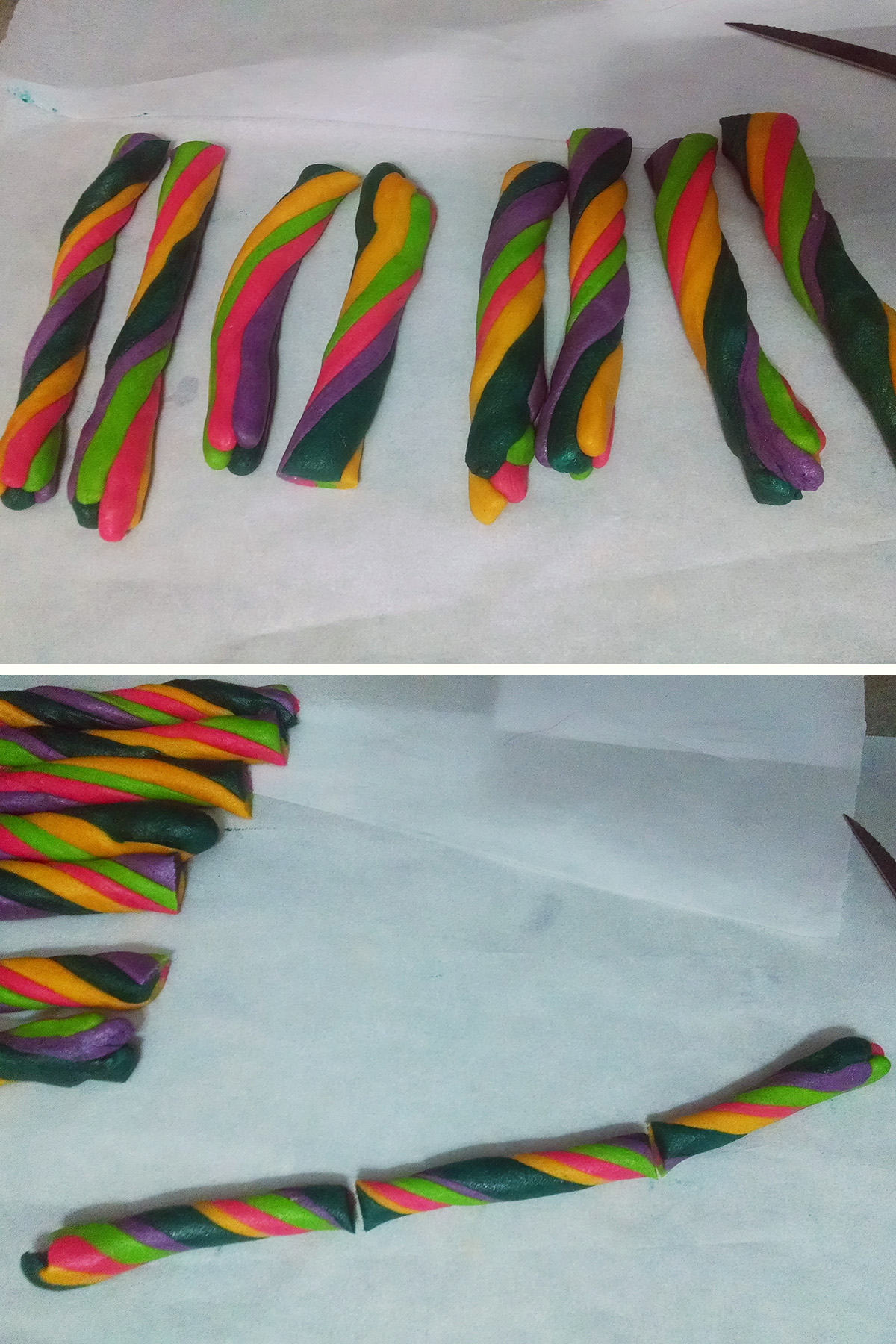A two part compilation image showing 4 logs of brightly coloured twisted cookie dough on top, then one long, thinner, extra twisted piece on the bottom image.