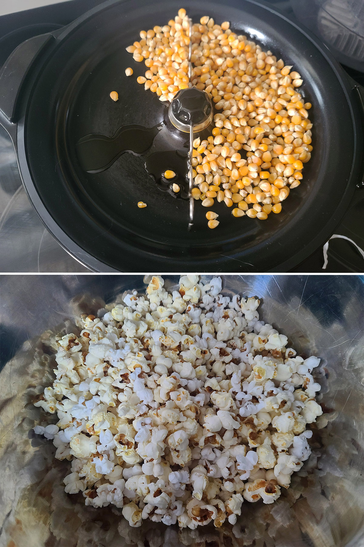 A 2 part image showing popcorn being cooked in a popper.