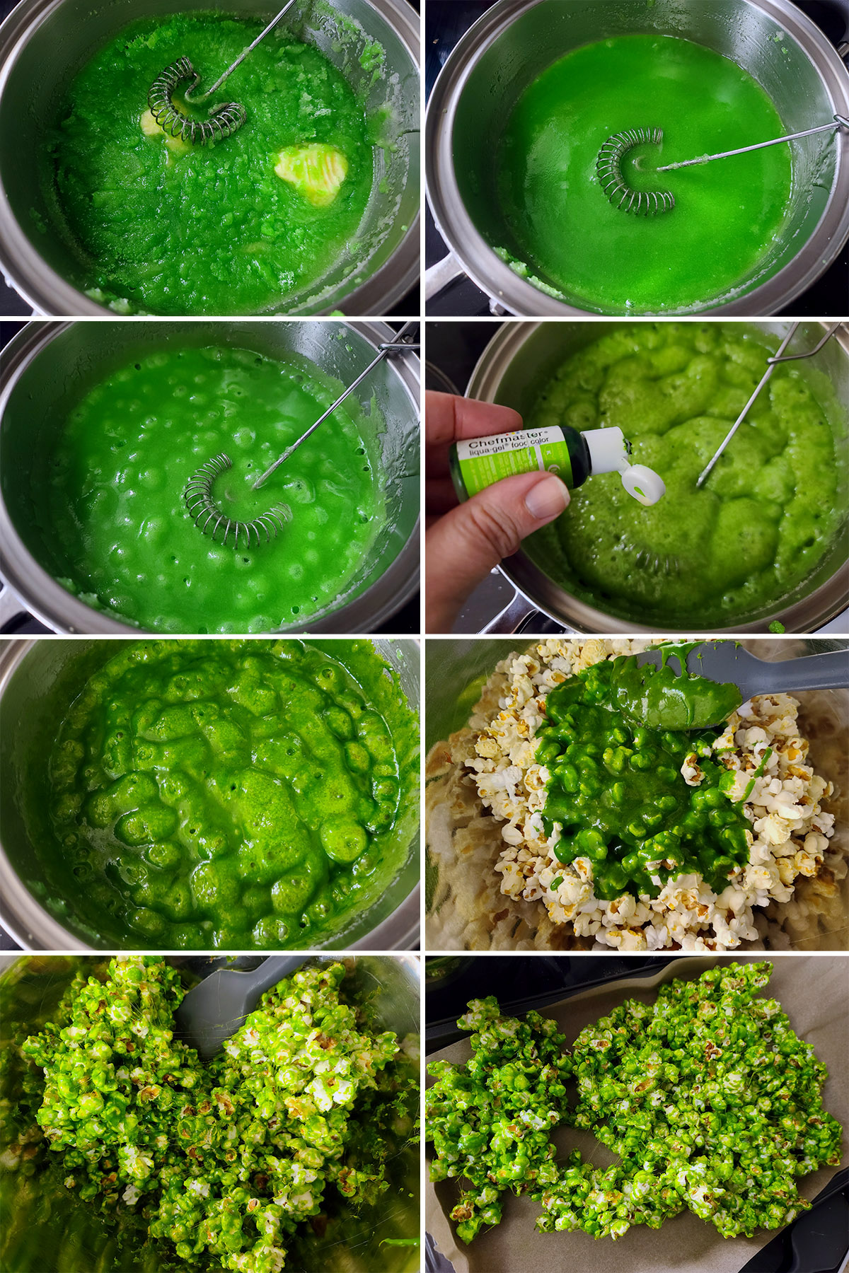 An 8 part image showing the green glaze being made, poured over the popcorn, and mixed.