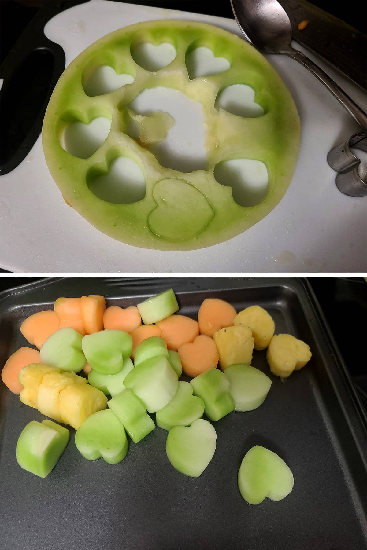 A 2 part image showing a heart shaped cookie cutter cutting shaped from a slice of honeydew melon.