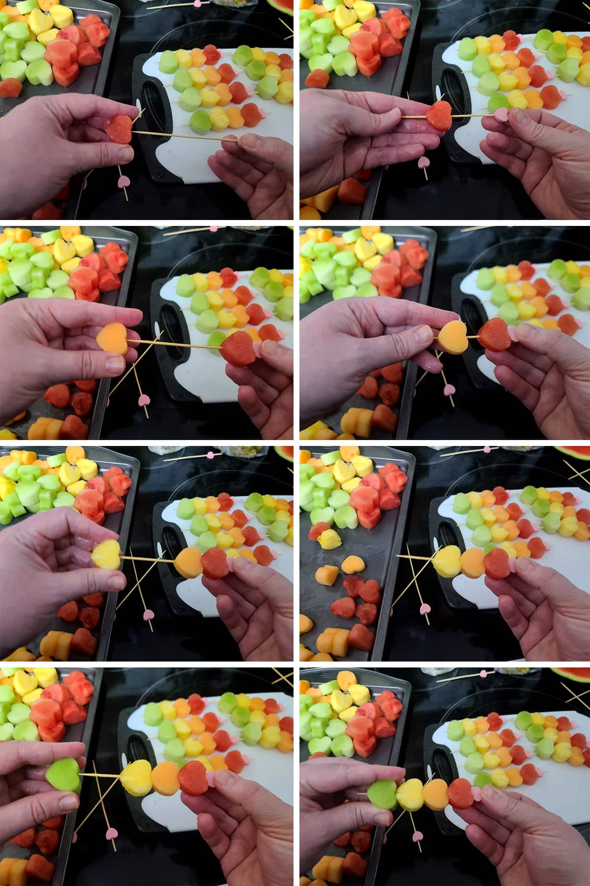 An 8 part image showing heart shaped pieces of fruit being threaded onto skewers in rainbow order.