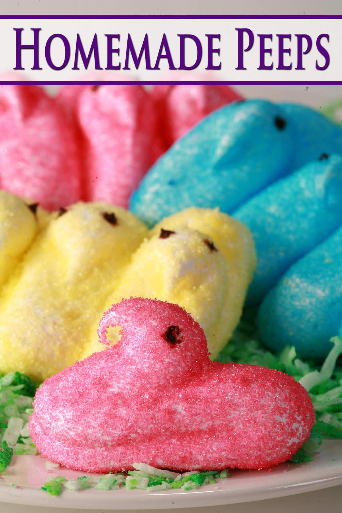 Pink, yellow, and blue chick shaped homemade peeps on a bed of green coconut.