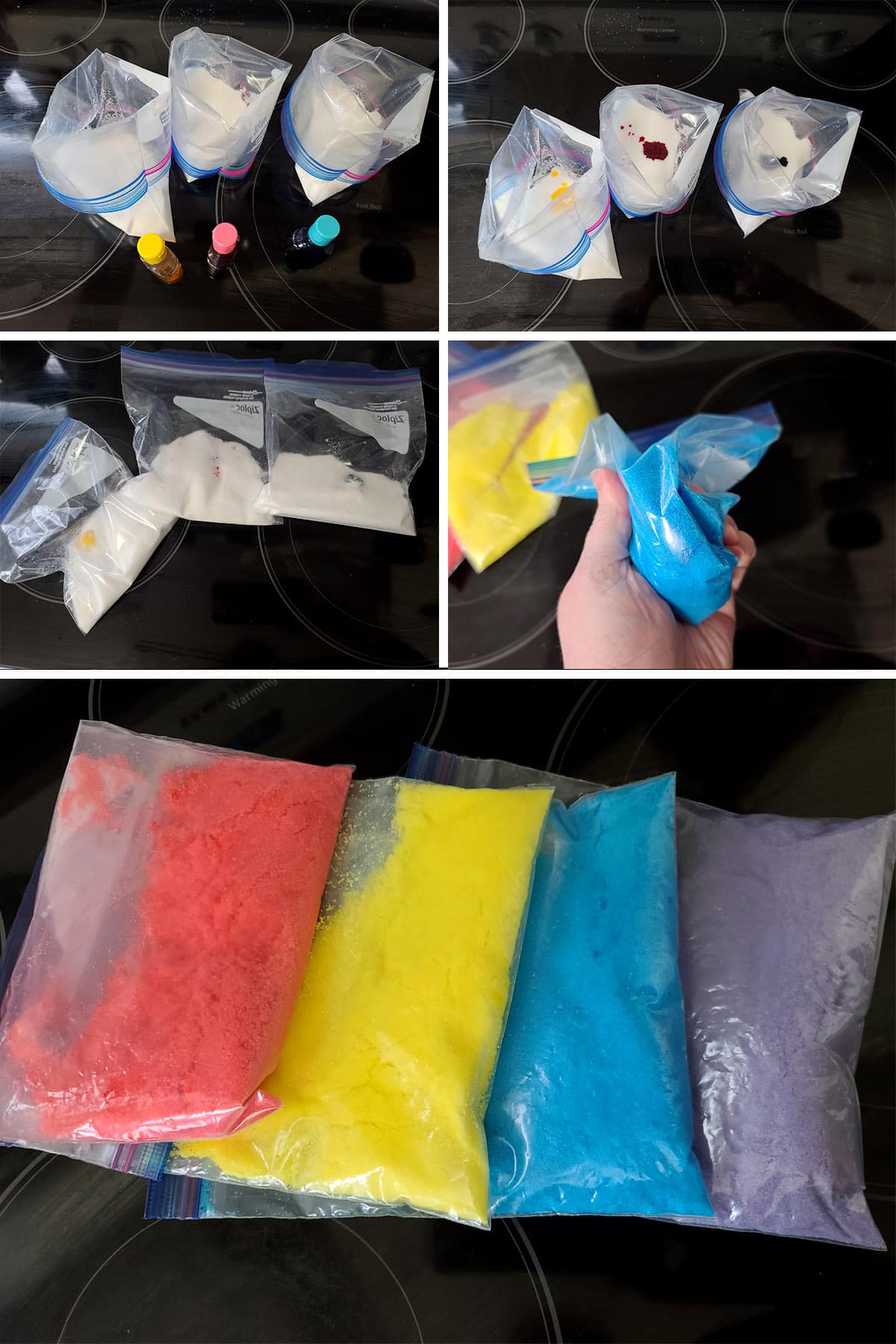 A 5 part image showing liquid food coloring being used to dye baggies of sugar pink, yellow, blue, and purple.