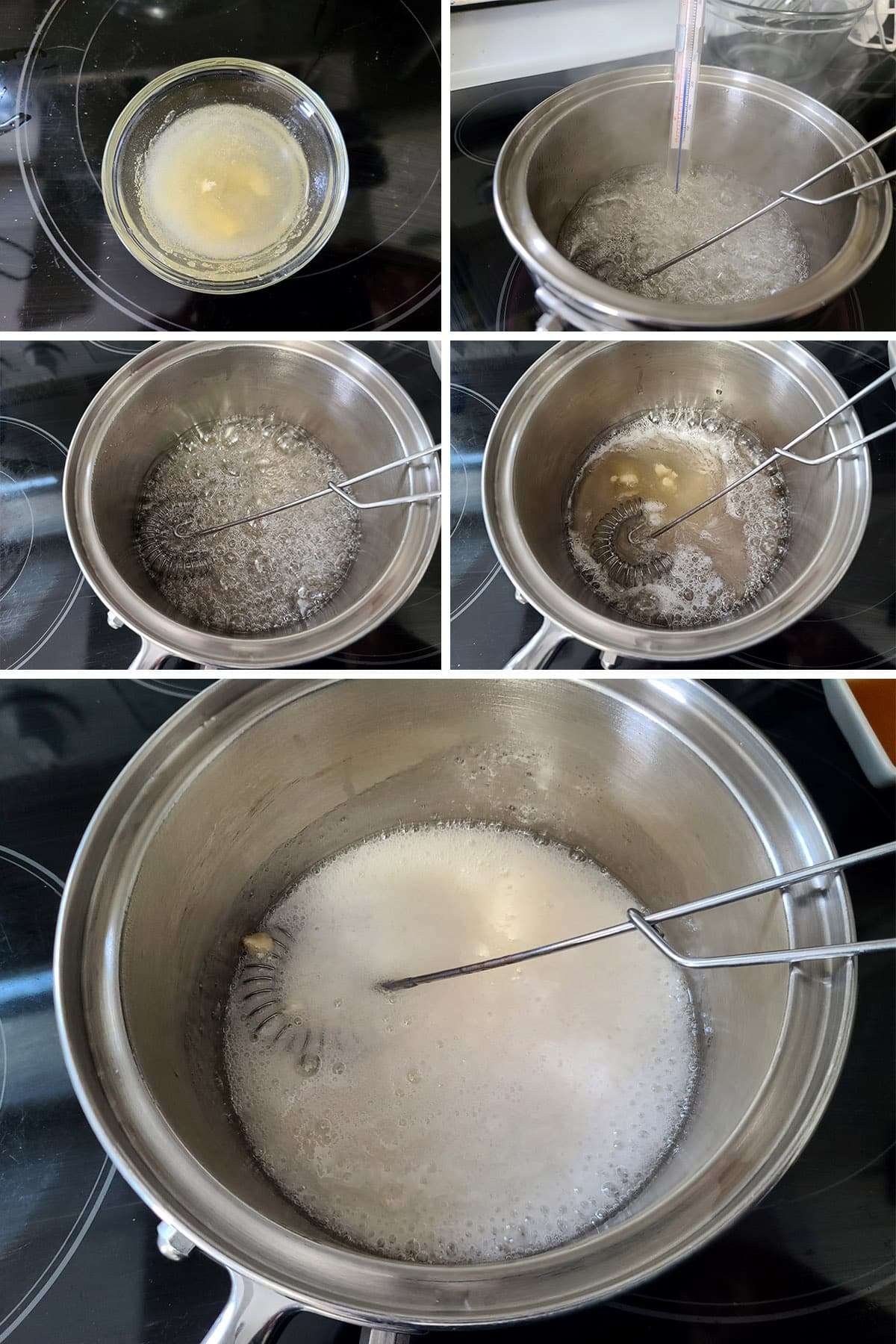 A 5 part image showing the gelatin an water in a little bowl, the sugar and water boiling in a pot, and the gelatin being stirred in.