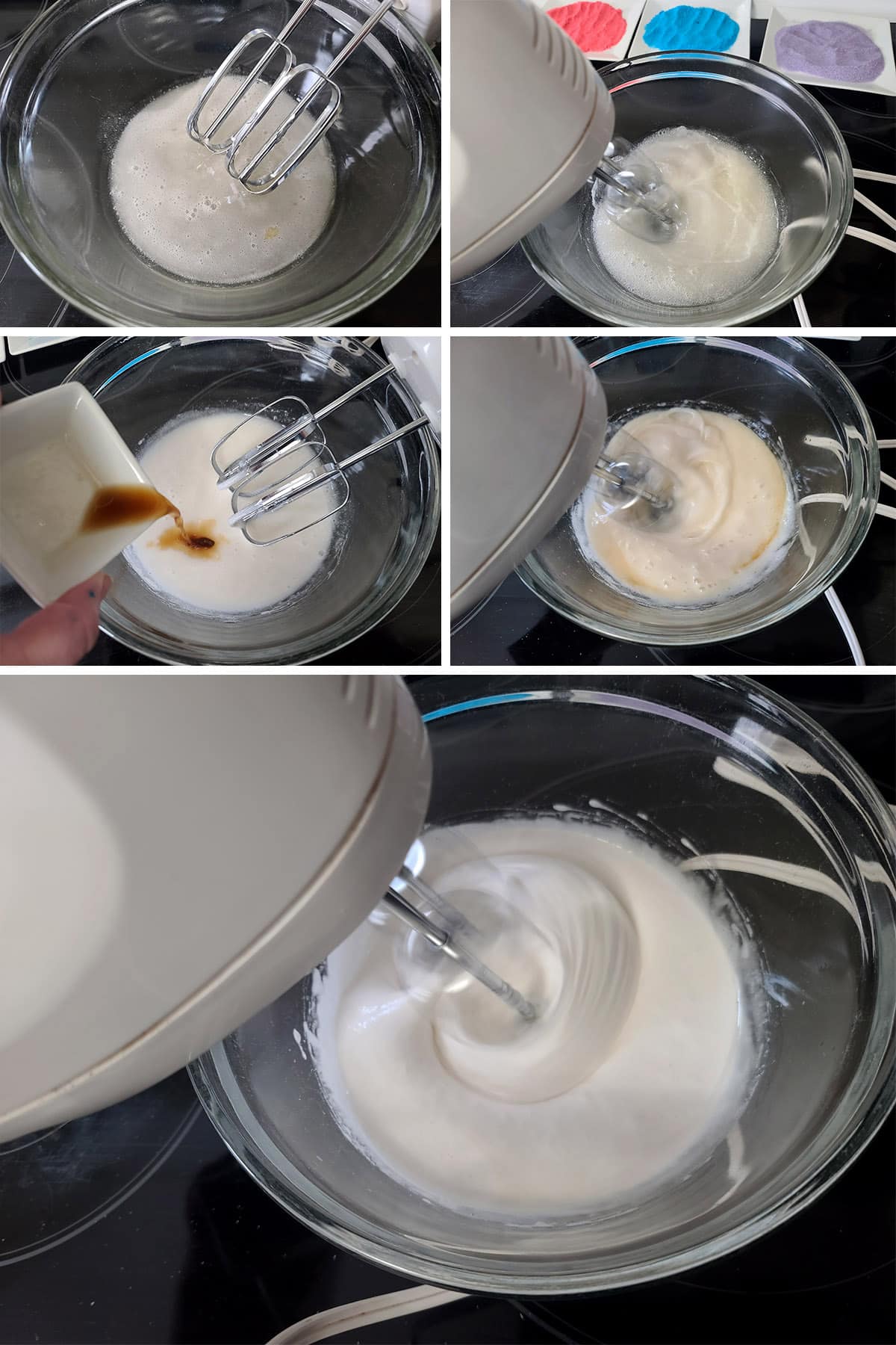 A 5 part image showing the sugar and gelatin mixture being whisked until white and fluffy, the vanilla added, and it beaten some more.