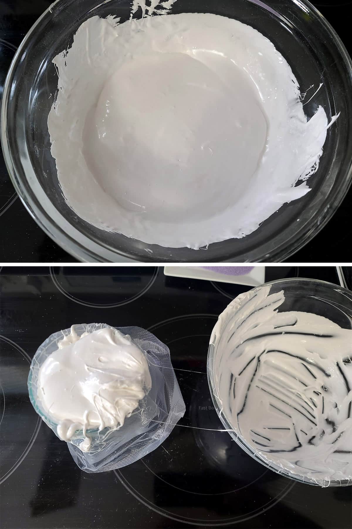 A 2 part image showing a bowl of marshmallow mixture, and the marshmallow spooned into a pastry bag.
