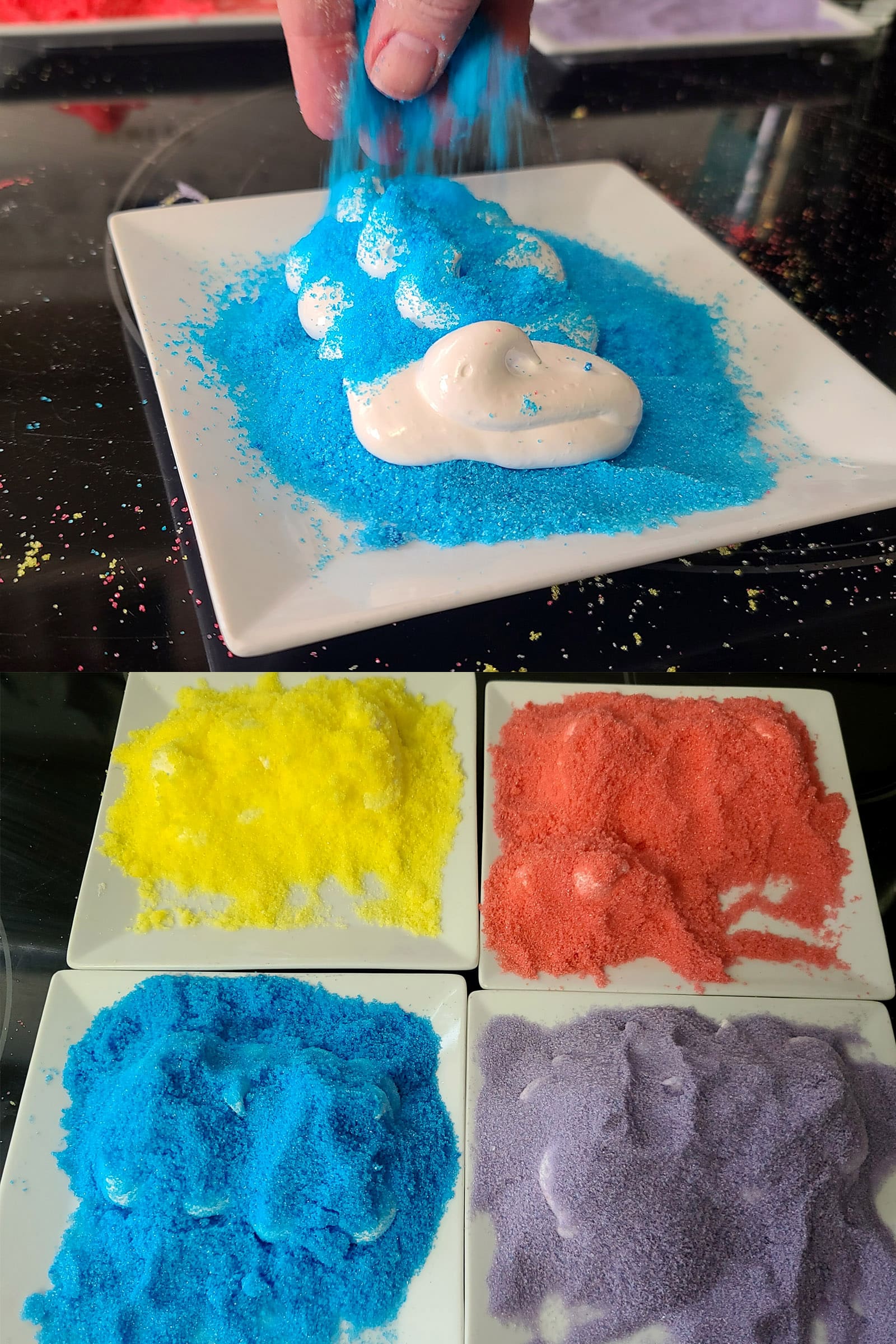 Blue sugar being sprinkled on top of a freshly piped row of homemade peeps.