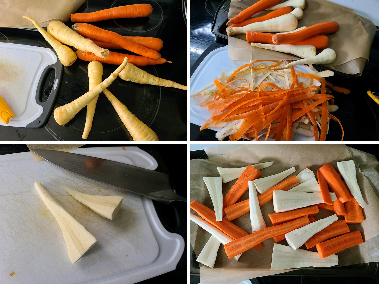 A 4 part image showing the carrots and parsnips being peeled and cut in half.