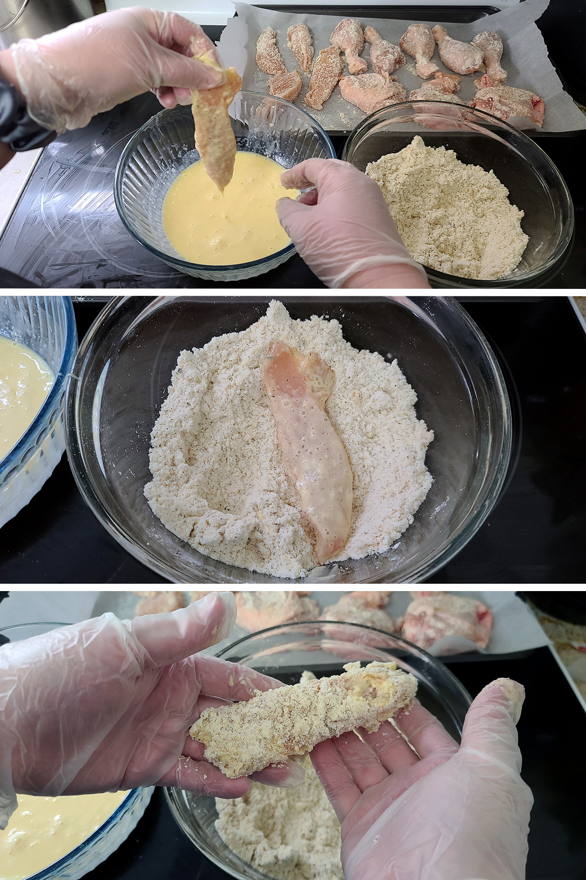 A 3 part image showing a piece of chicken being coated.