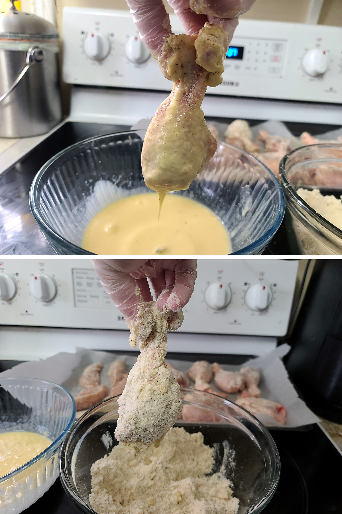 A 2 part image showing a piece of chicken being coated.