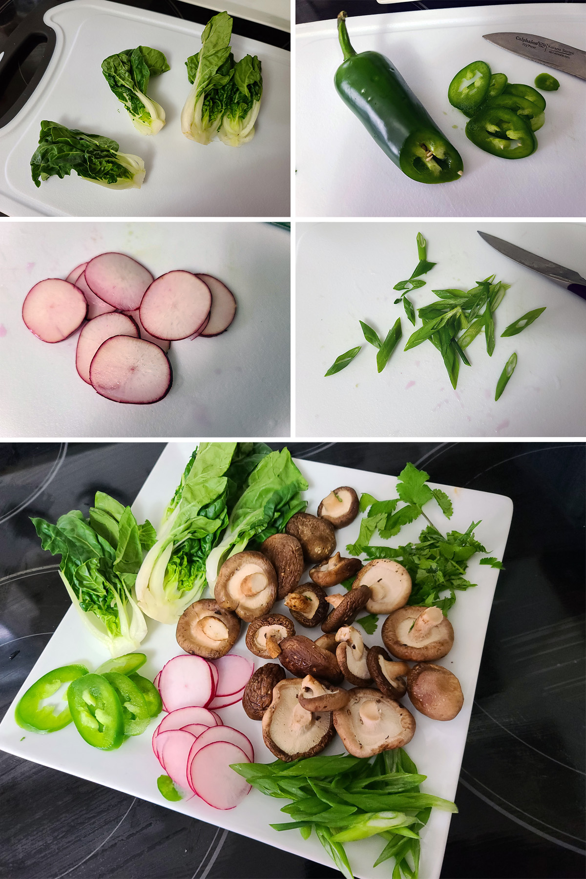 A 5 part image showing the gluten free ramen toppings being prepared and placed on a plate.
